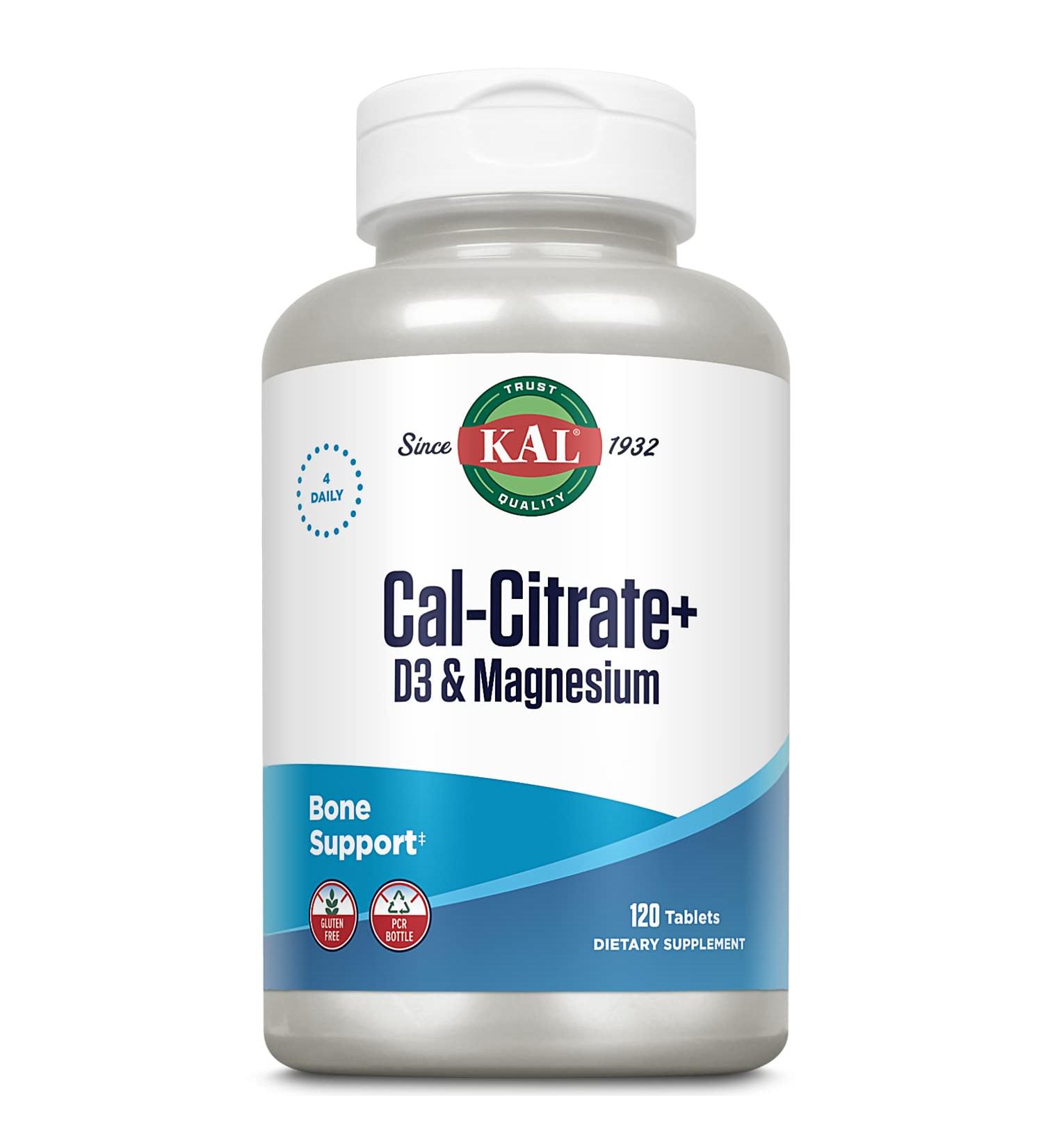 KAL Cal-Citrate+ Calcium Citrate with Vitamin D-3 & Magnesium - 120 Tablets - Gluten-Free & Lab Verified - Bone & Teeth Support - Buy Online on GoSupps.com