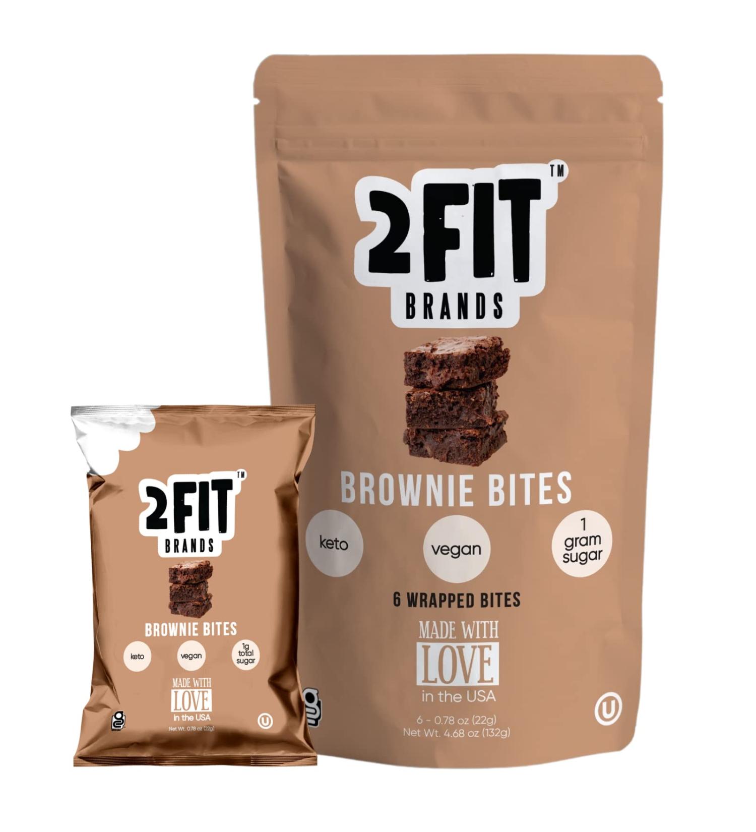 2FIT BRANDS Keto Brownie Bites - Vegan Chocolate Chip Fudge Brownies | Low Carb Protein Snack with 1g Sugar | Gluten-Free & Healthy Dessert Treat | 5g Pea Protein, 3g Net Carbs | 6 Per Bag - Buy Online on GoSupps.com