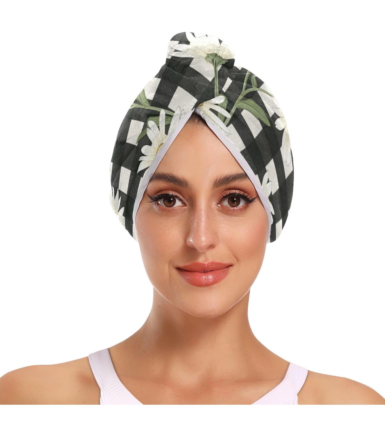 Daisy Flower Black White Plaid Hair Towel 2 Pack | Super Absorbent Quick Dry Hair Turbans for Women & Girls - Buy Online on GoSupps.com