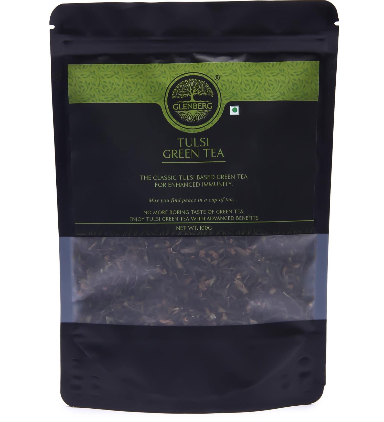 GLENBERG | TULSI GREEN TEA | Blend of Green Tea with Tulsi | 100% Natural (100 Grams | 50 Cups) - Buy Online on GoSupps.com