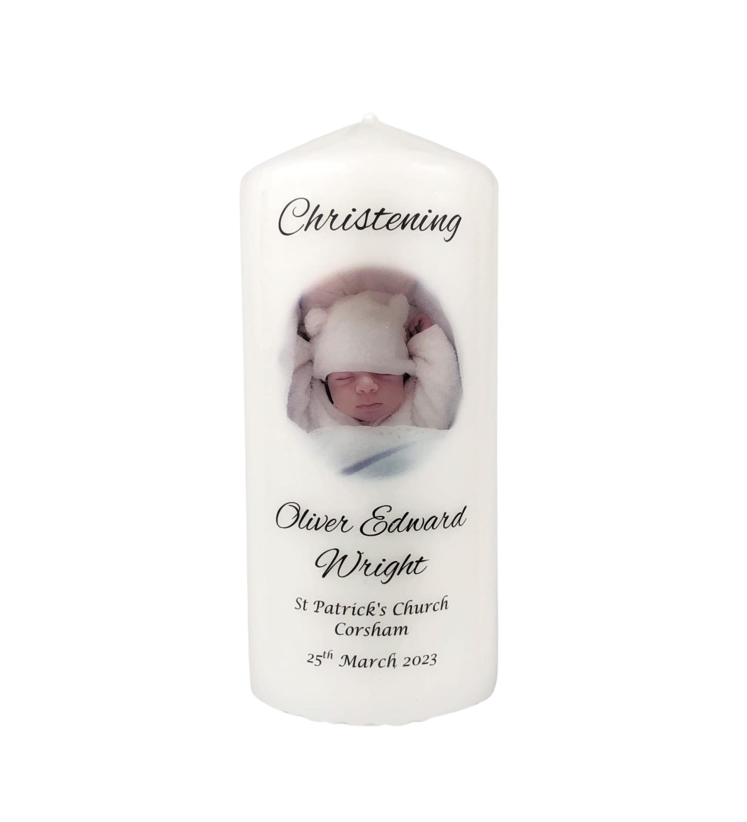 Personalised Christening Photo Candle - 7cm x 15cm White | Boy/Girl Baptism Keepsake - Buy Online on GoSupps.com