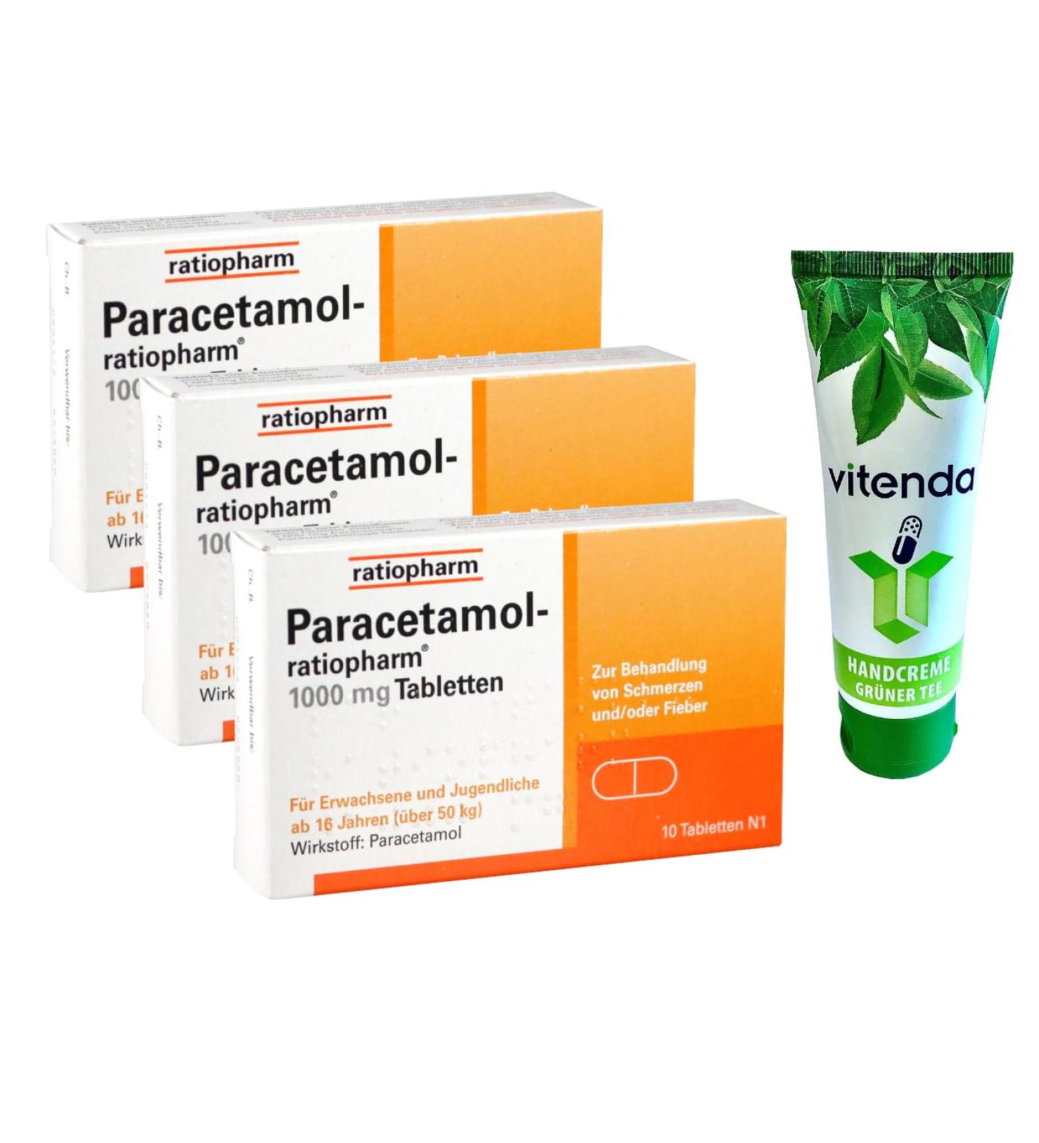 Paracetamol ratiopharm 1000 mg tablets 3x10 pieces including a hand cream from Vitend - the well -tolerated classic helps against pain and fever