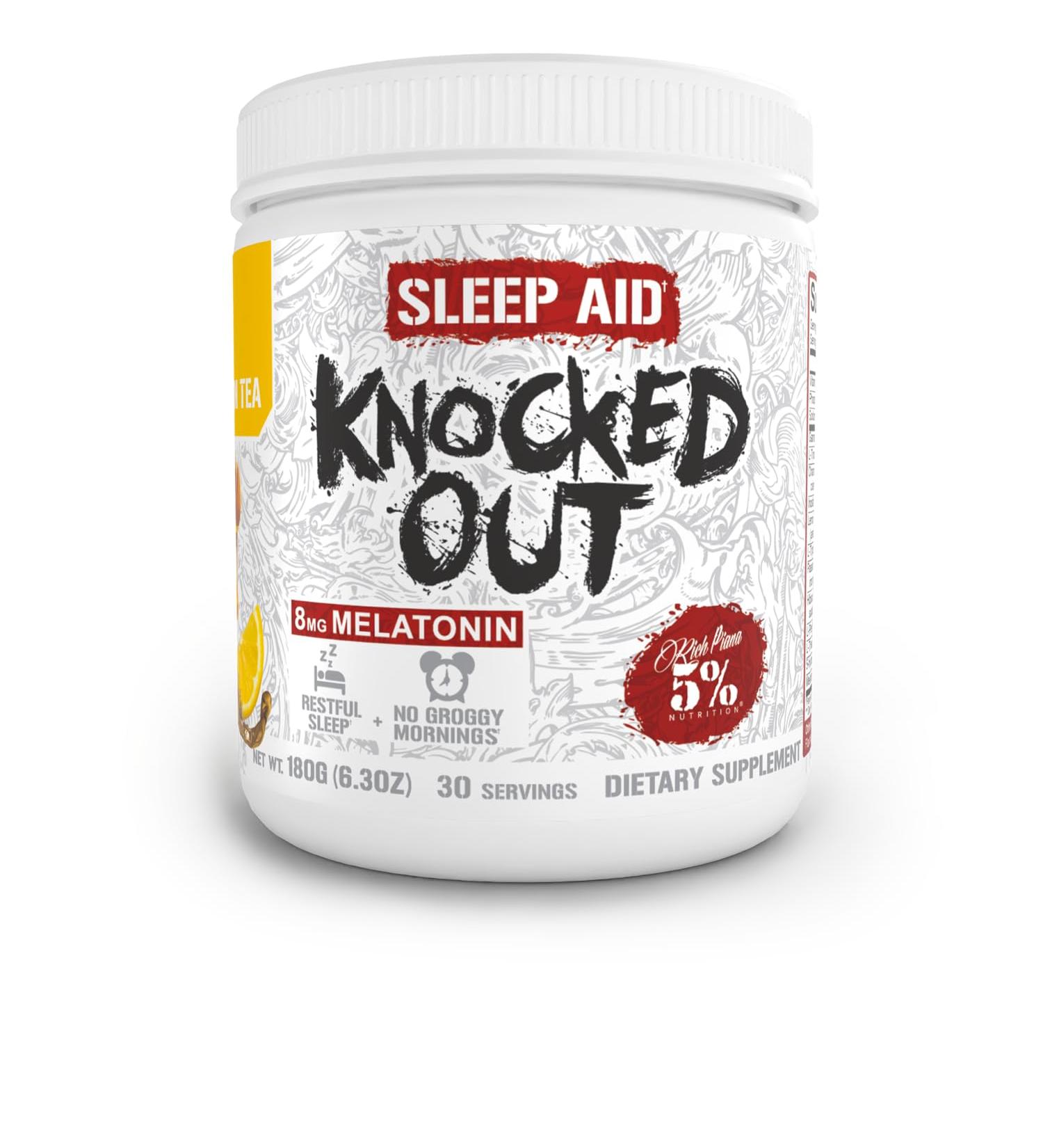 5% Nutrition Rich Piana Knocked Out Natural Sleep Aid Powder | Post-Workout Recovery & Deep Sleep Supplement | GABA Melatonin Chamomile Tyrosine 5-HTP & More | 30 Servings (Honey Lemon Tea) - Buy Online on GoSupps.com
