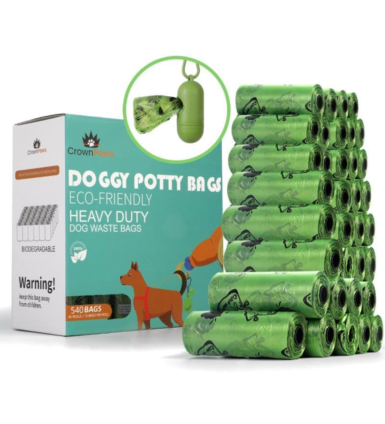 Crown Paws Dog Poo Bags 540 Poo Bags 36 Rolls for Dog Waste includes x1 Adjustable Dispenser Thick Biodegradable Dog Poop Waste Bag Rolls 100% Leak Proof and Lavender Scented Green