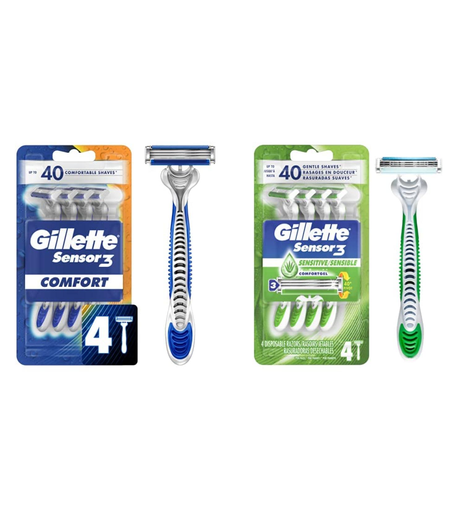 Gillette Sensor3 Men's Disposable Razor Bundle | Sensor3 and Sensor3 Sensitive (4 Razors Each) Razor + Razor 4 Count 4 Count (Pack of 1) - Buy Online on GoSupps.com
