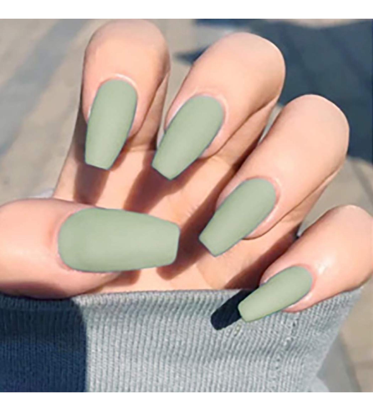 Brishow Green Press On Nails - Matte Ballerina Acrylic Fake Nails | 24 Piece Set for Women & Girls - Glue-On Short Artificial Nails - Buy Online on GoSupps.com
