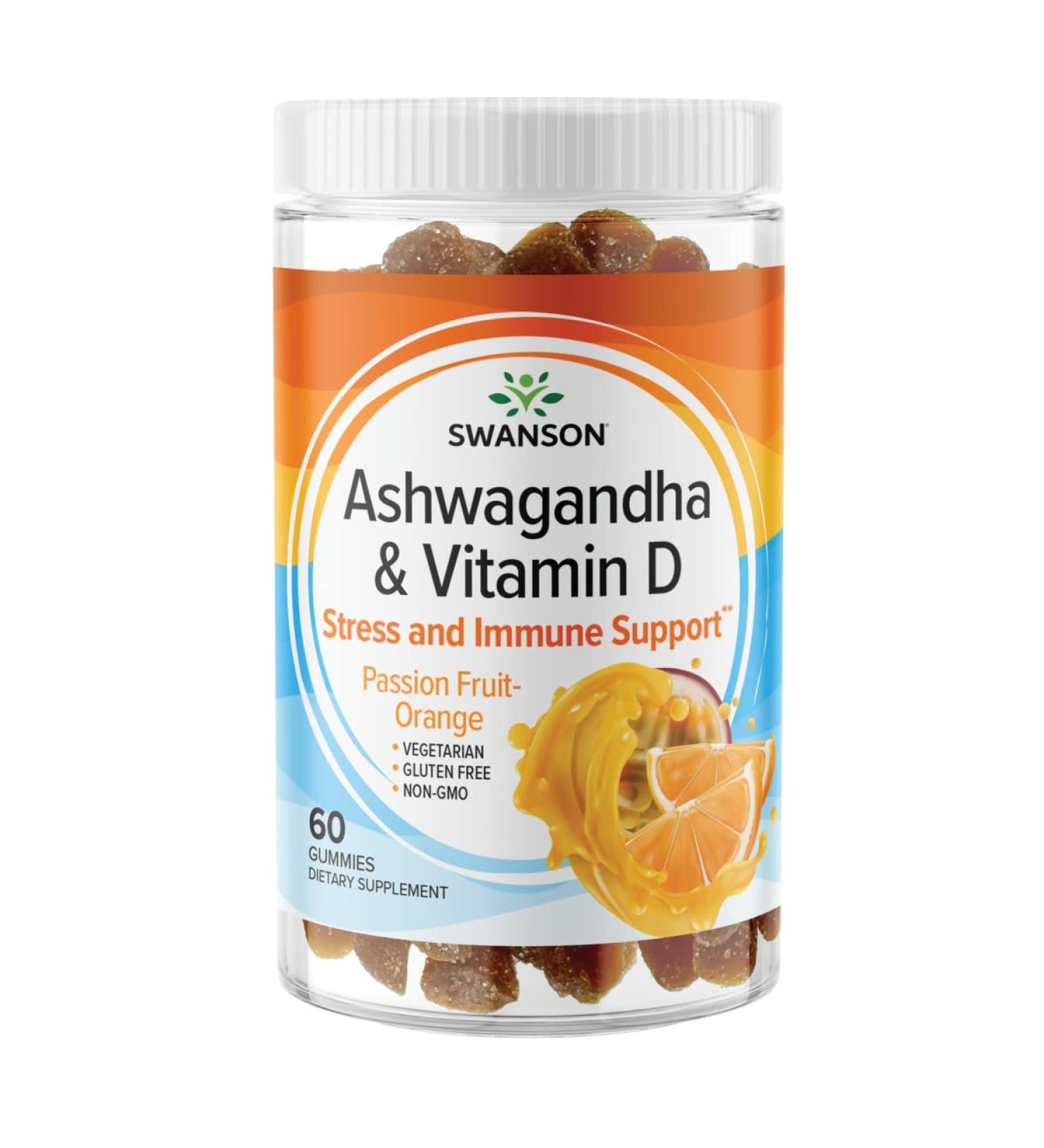 Swanson Ashwagandha Gummies with Vitamin D - Calm & Relax the Mind - Supports Stress Reactions & Immune Health - Passion Fruit-Orange 60 Gummies - 60 Count - Buy Online on GoSupps.com