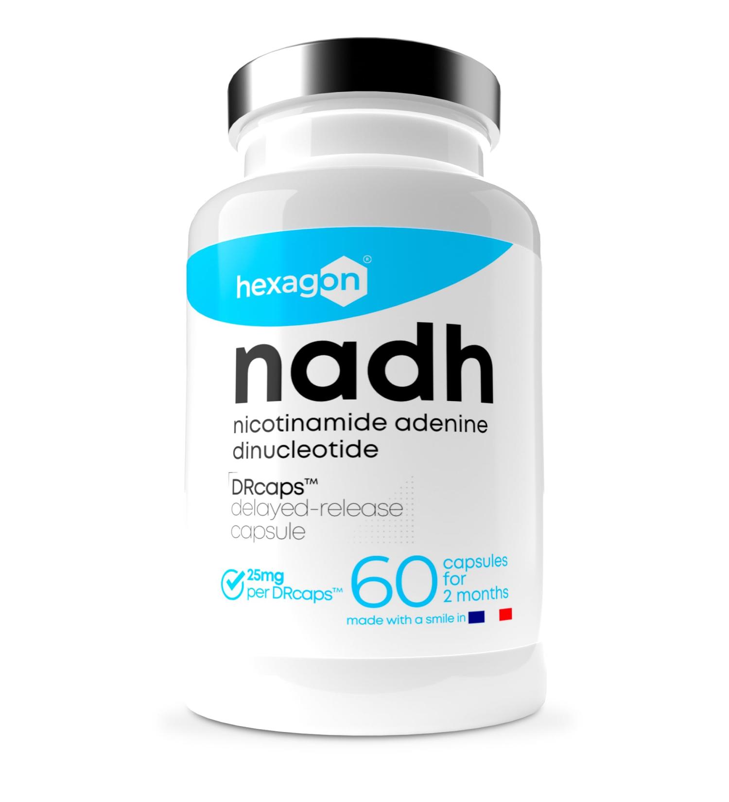 NADH 25mg - 60 Vegan Capsules - Delayed Release DRCAPS for Cell Energy & Metabolism - Made in France - International Shipping Available - Buy Online on GoSupps.com