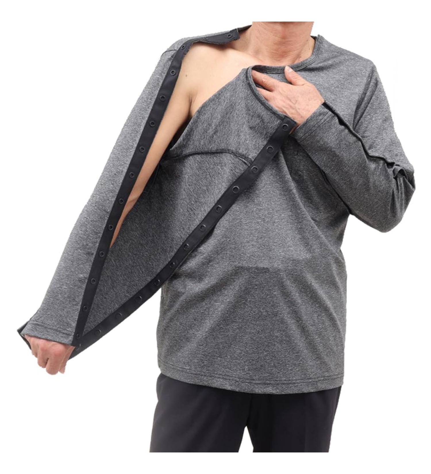 Unisex Post Shoulder Surgery Shirt - Long Sleeve Soft Cotton Easy Access - Chemo Clothing & Rehab Wear for Home Care Elderly Dialysis Fracture - Large Gray - Buy Online on GoSupps.com