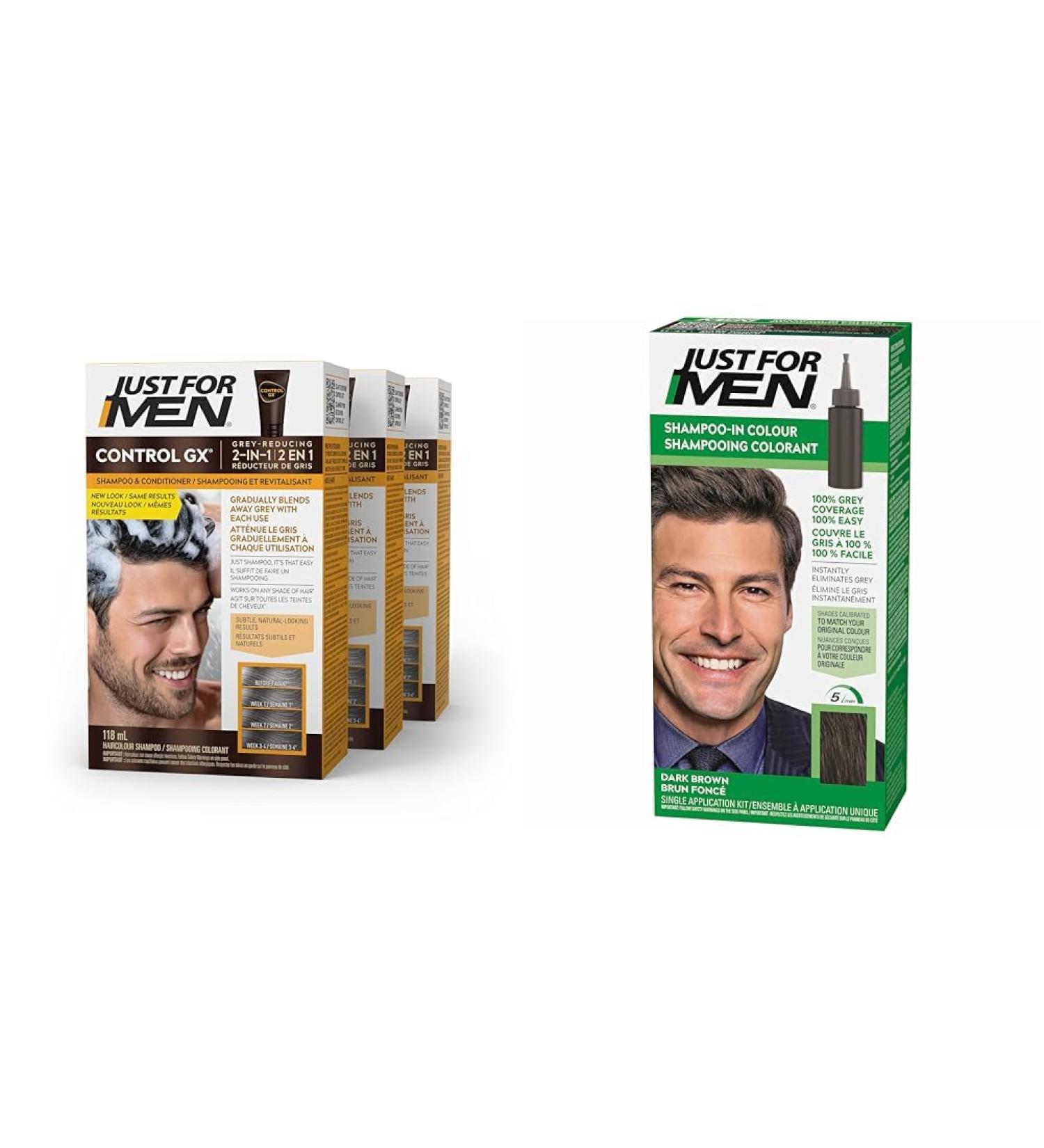 Just For Men Control GX 2 in 1 Grey Reducing Shampoo and Conditioner Gradually Colors Hair 118ml (3 Count) & Just For Men Shampoo-In Color Grey Hair Coloring for Men - Dark Brown H-45 (1 Count) - Buy Online on GoSupps.com