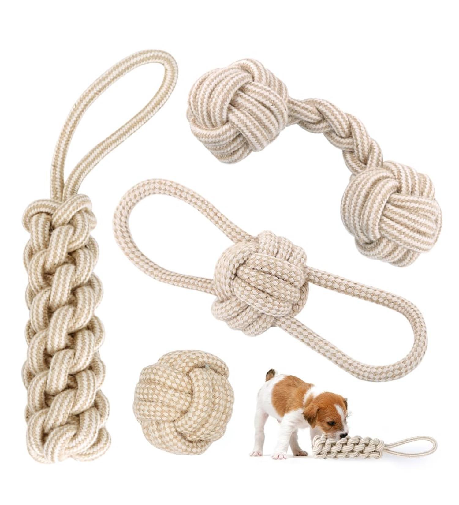 4-Piece Cotton Rope Dog Toy Set | Chew Toys for Small & Medium Dogs | Dental Care Puppy Toys with Knot Ball - Buy Online on GoSupps.com