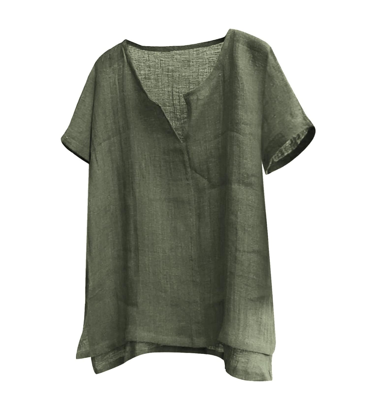 Women's Breathable Cotton Linen V Neck Top | Loose Fit Summer Blouse - E-Army Green | 3/4 Sleeve, Plus Size 3XL - Buy Online on GoSupps.com
