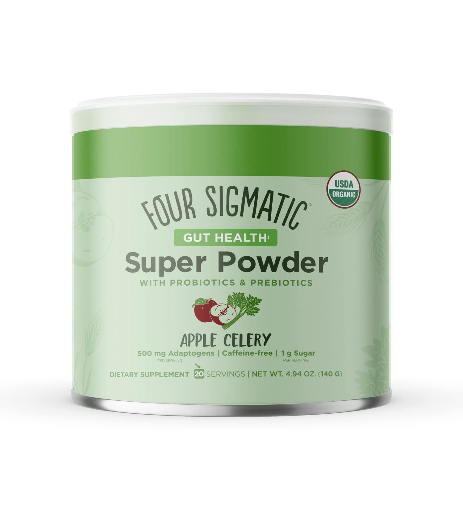 Four Sigmatic Gut Health Super Powder - Organic Green Superfood with Probiotics & Prebiotics | Apple Celery Super Greens Blend | 4.94 oz Drink Mix - Buy Online on GoSupps.com