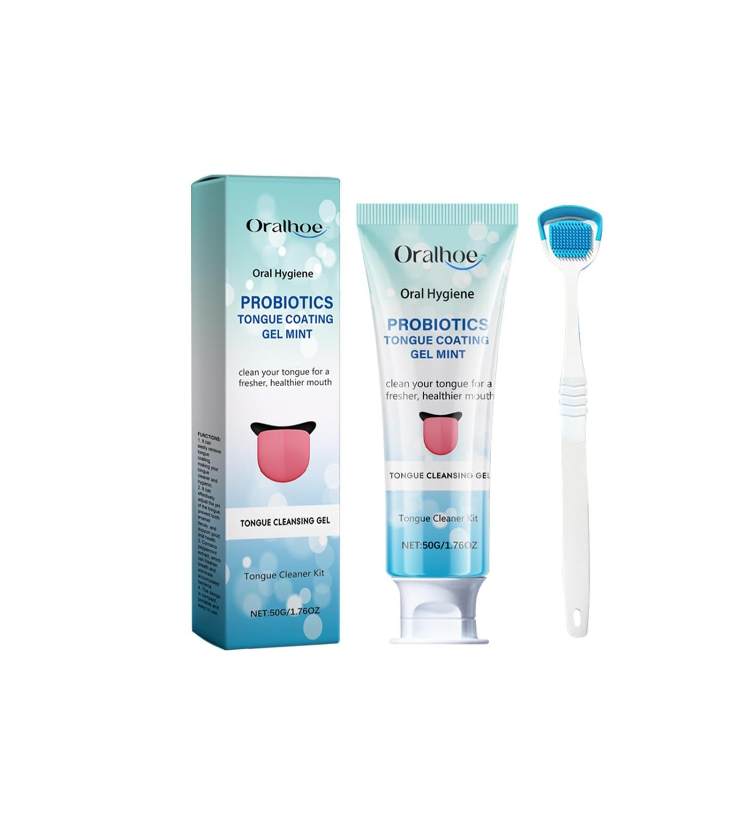 Oralhoe Probiotics Tongue Coating Gel Mint Tongue Cleaner Kit with Scraper 50g Oral Hygiene Removes Coating Reduces Bacteria - Buy Online on GoSupps.com