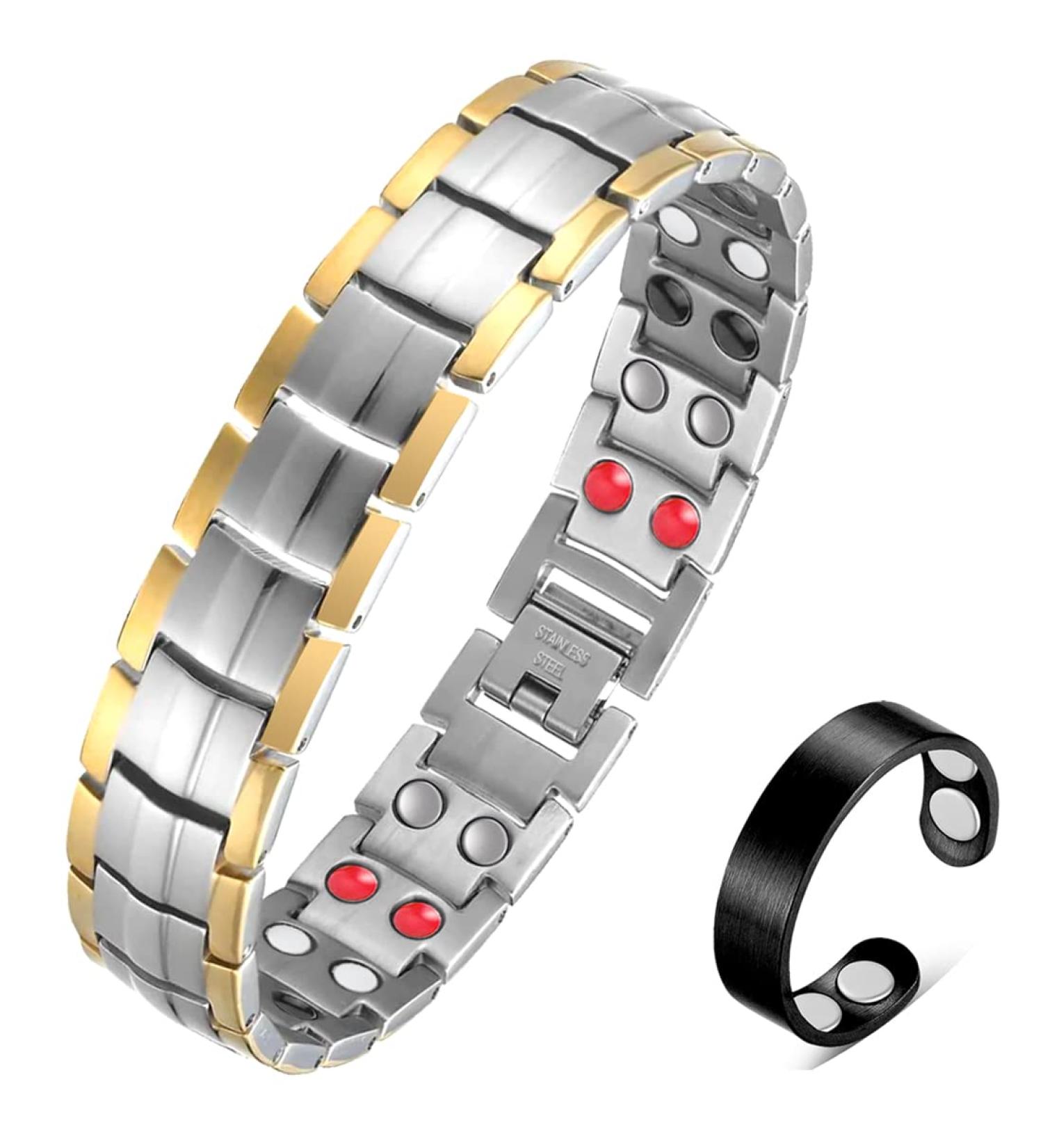 Vicmag Men Magnetic Bracelet | Titanium Steel Double Row 3500 Gauss Wristband | Adjustable & Gift Box Included | Silver Gold 4 Elements - Buy Online on GoSupps.com