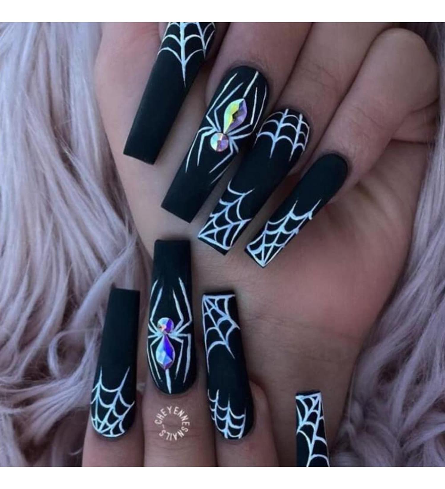 Halloween False Nails Dark Spider with Design Fake Nails Full Cover Long Nail Tips Press on Nails with Adhesive for Women and Girls - Buy Online on GoSupps.com