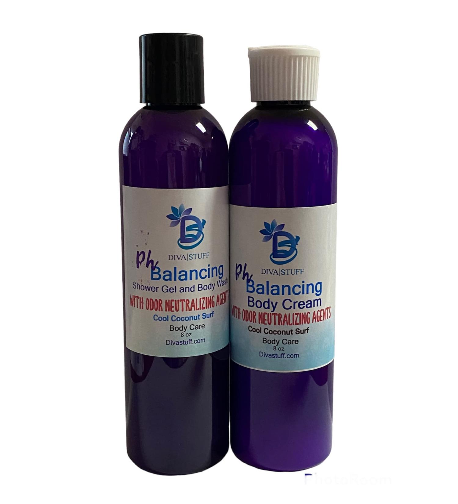 Diva Stuff Ph Balancing Gel Wash and Moisturizer Set Cool Coconut Surf Scent 2 Bottles 1 of each