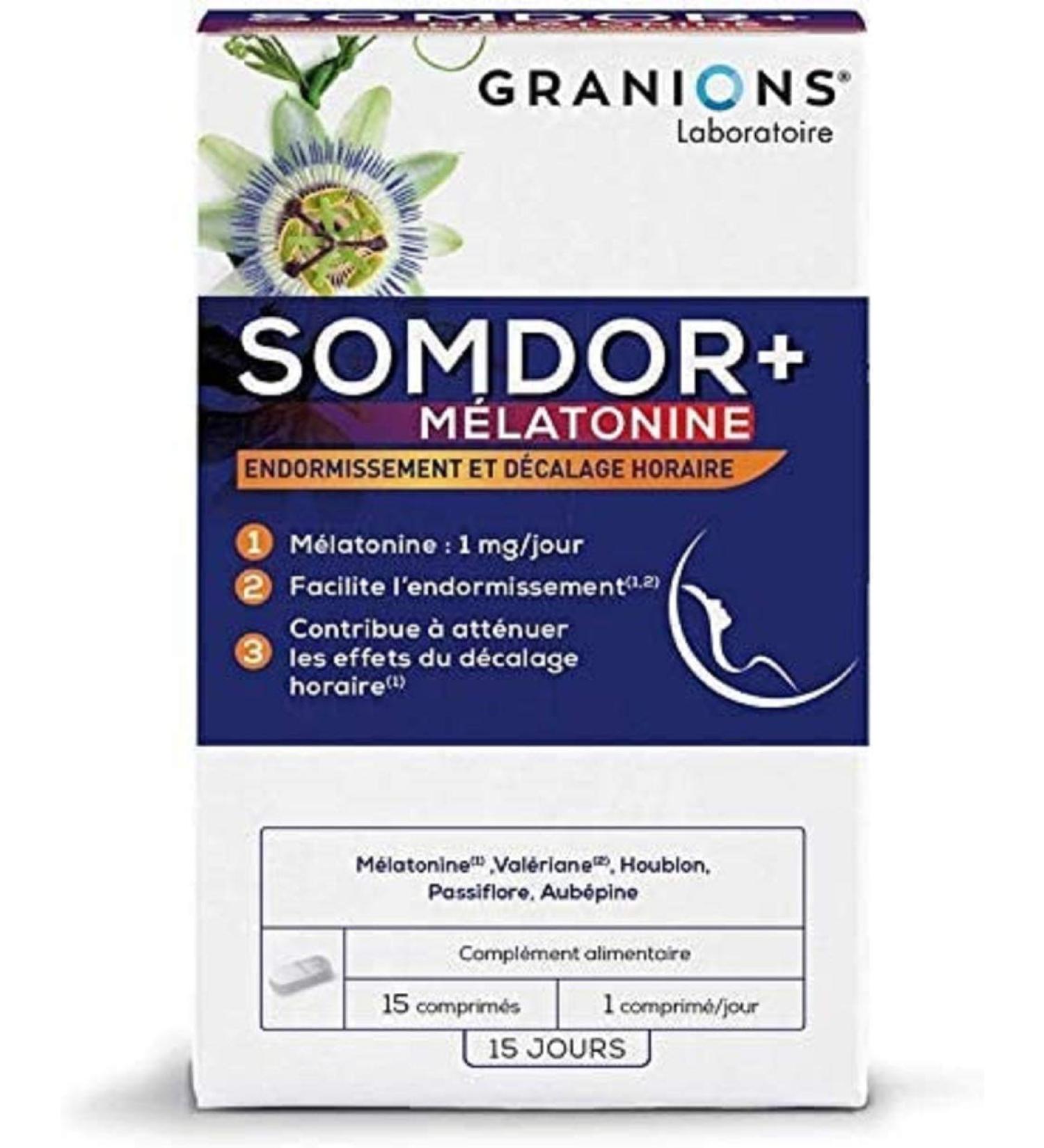 GRANIONS MELATONIN SOMDOR+ ADULT SLEEP - SLEEPING AND HOURLY OFFSET - Sleep and Relaxation - Melatonin 1mg - Valerian Hops Hawthorn Passionflower - 15 Tablets - Made in France - Buy Online on GoSupps.com