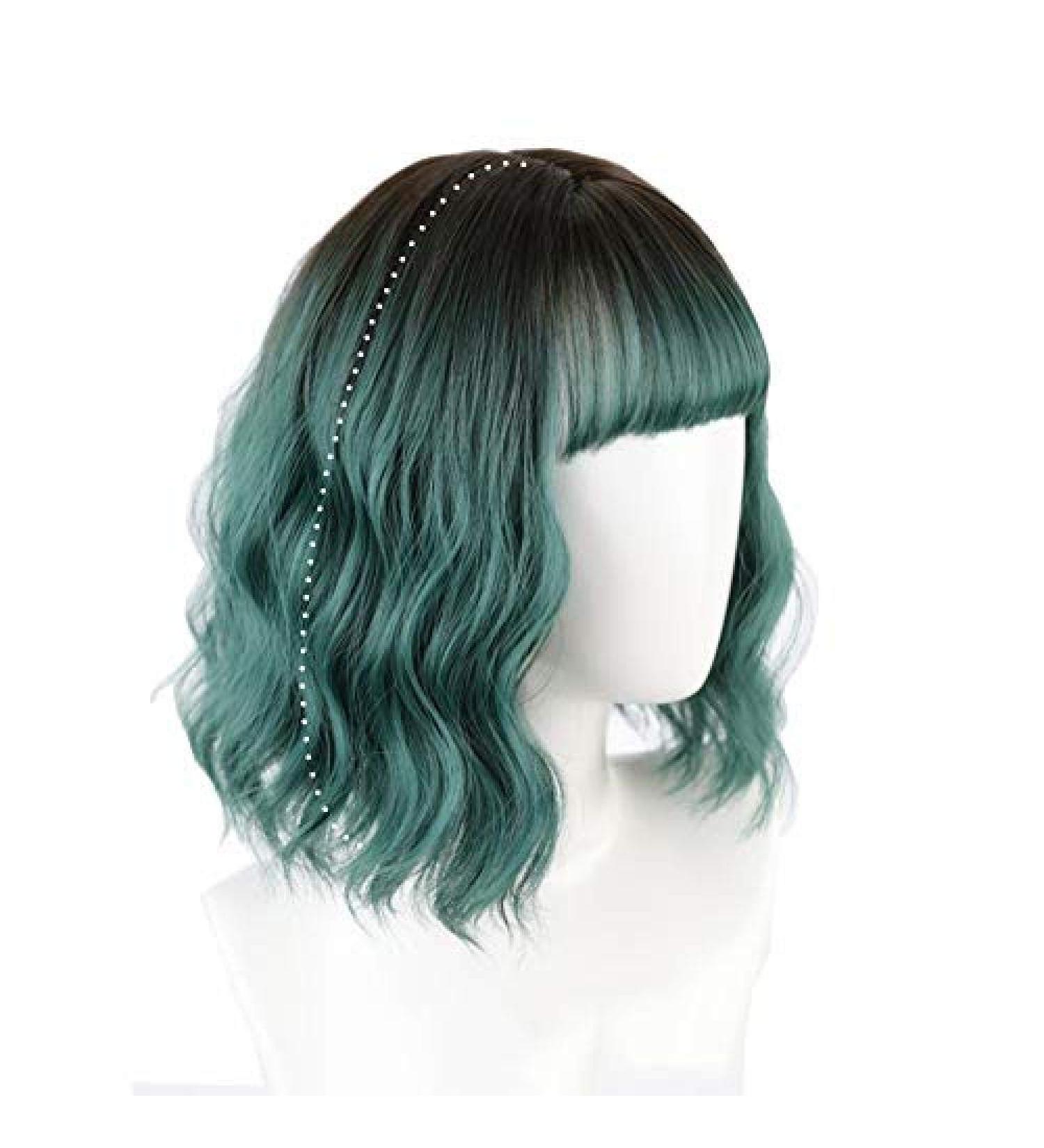 Buy BGHJUE Green Lace Front Bob Wig with Bangs - 30cm Human Hair for Women | Peacock Green - Buy Online on GoSupps.com