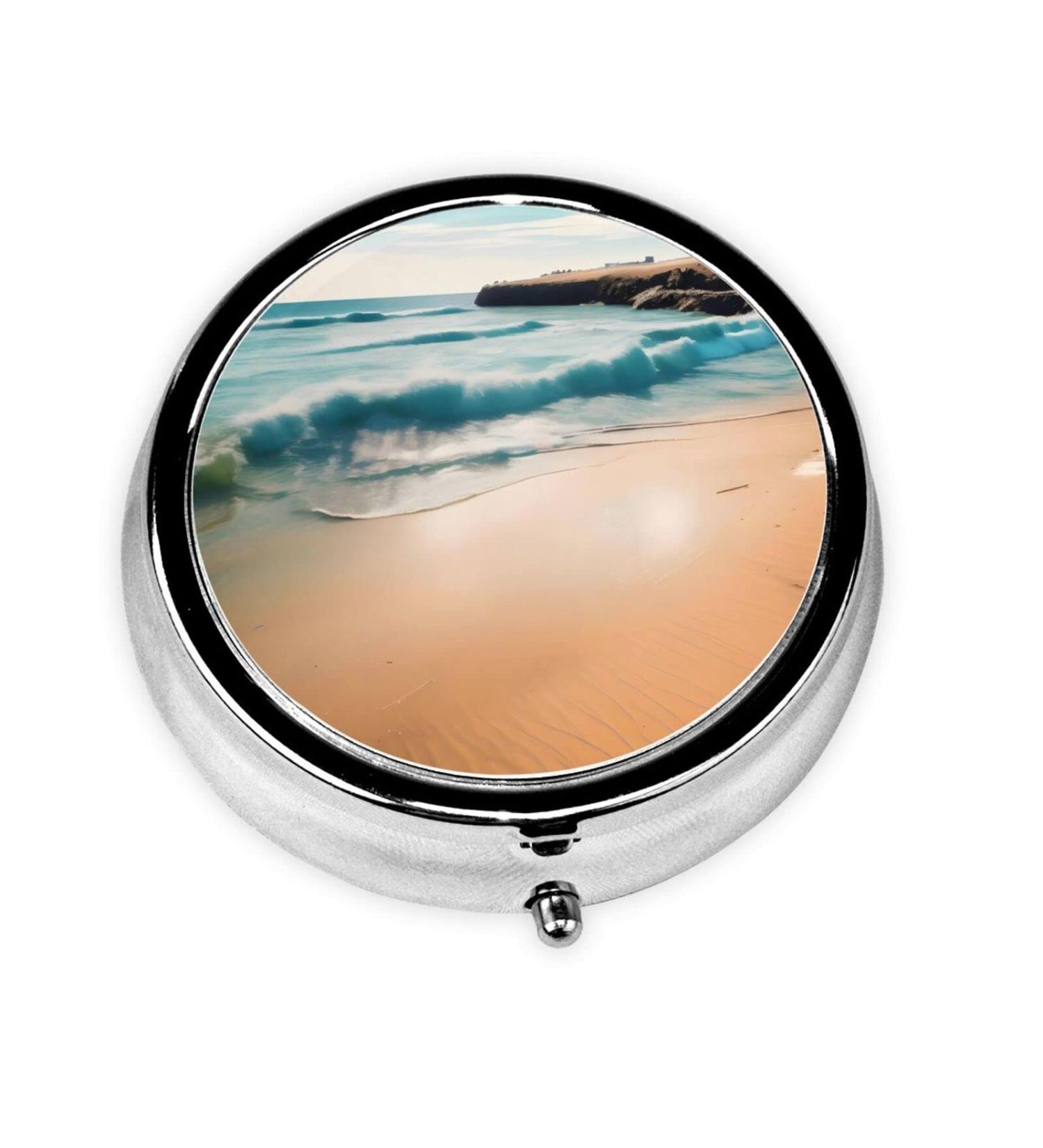 Beach Scenery Round Pill Box | 3-Compartment Travel Organizer for Purse & Pocket - Buy Online on GoSupps.com