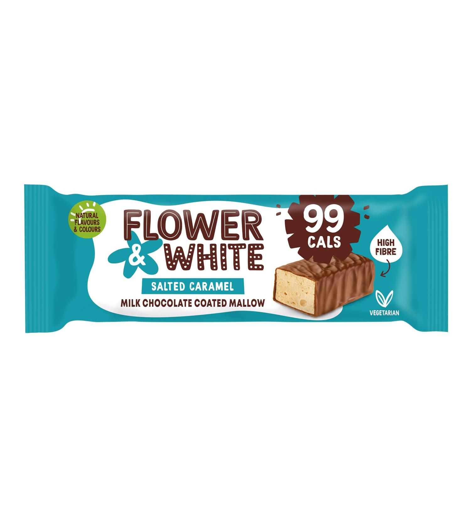 Flower & White Salted Caramel Chocolate Mallow Bars (15 Pack) Low Calorie Under 100 Calories Per Bar Vegetarian Gluten-Free 30% Less Sugar High In Fibre 15 x 30g - Buy Online on GoSupps.com