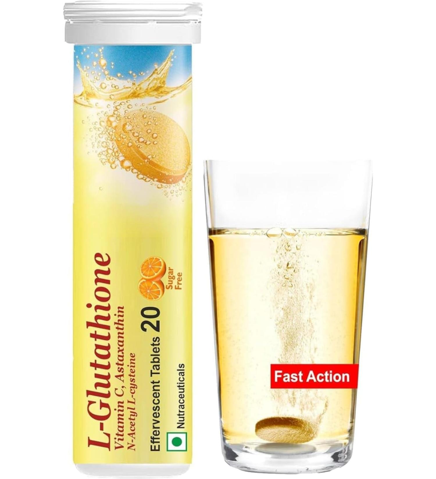 Nutrition L-Glutathione 500mg Vitamin C effervescent Tablets 20 Skin brightening Glow | Safe & Veg