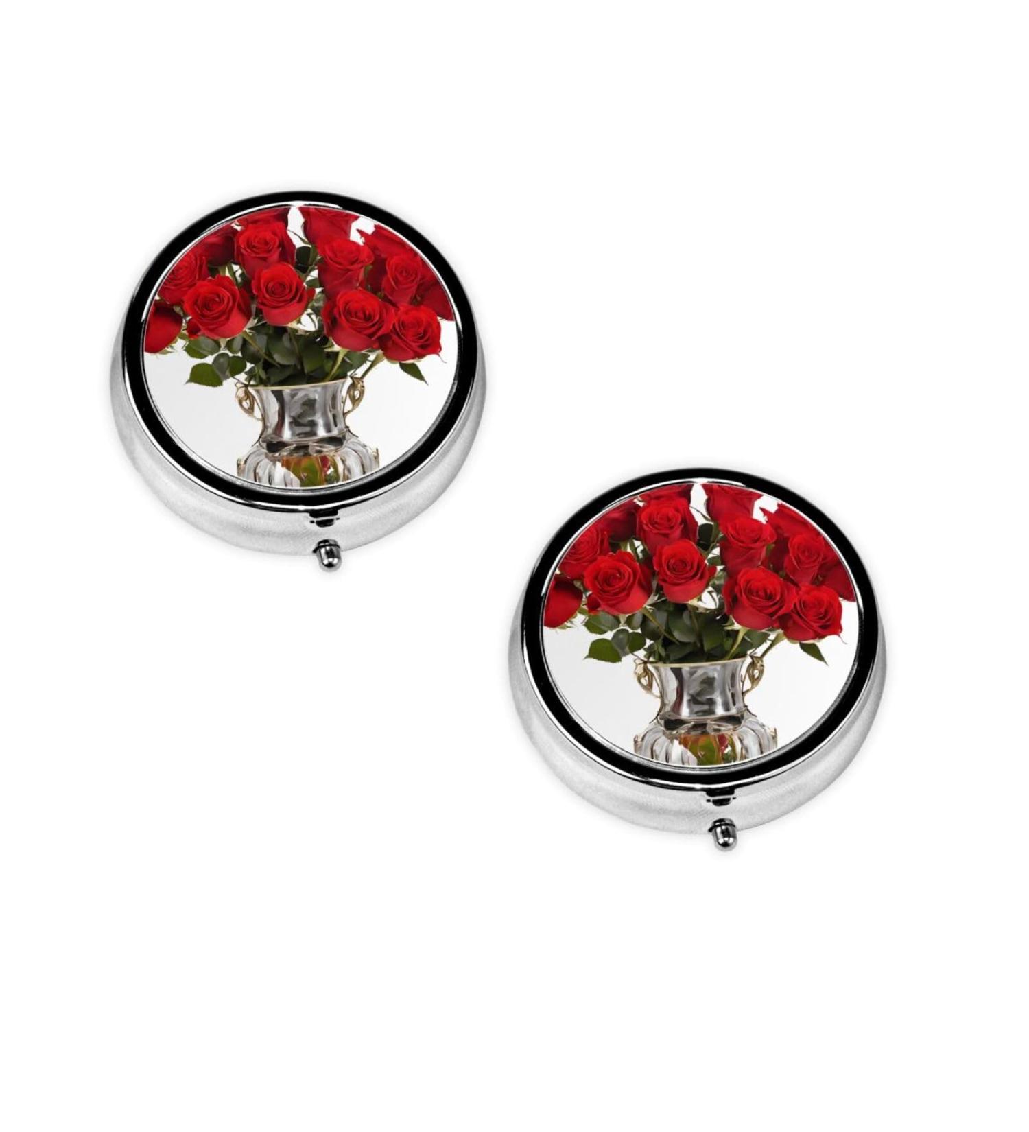 Red Roses Printed Round Pill Box - 3 Compartment Mini Portable Travel Organizer for Vitamins & Medications - Buy Online on GoSupps.com
