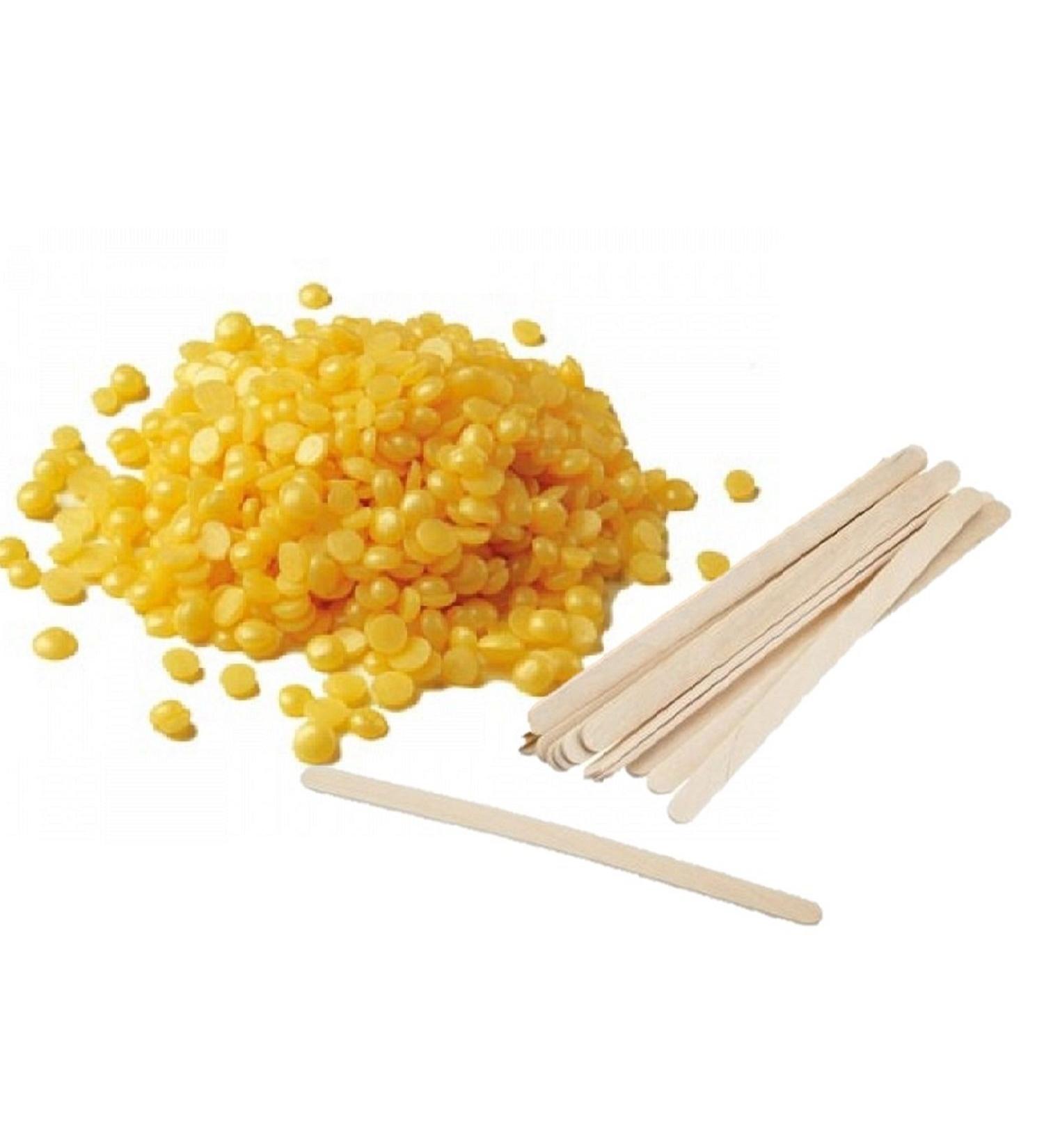 Warm wax beads + mini wooden spatula Made in Italy for hair removal depilation without fleece strips (1 kg yellow-honey)