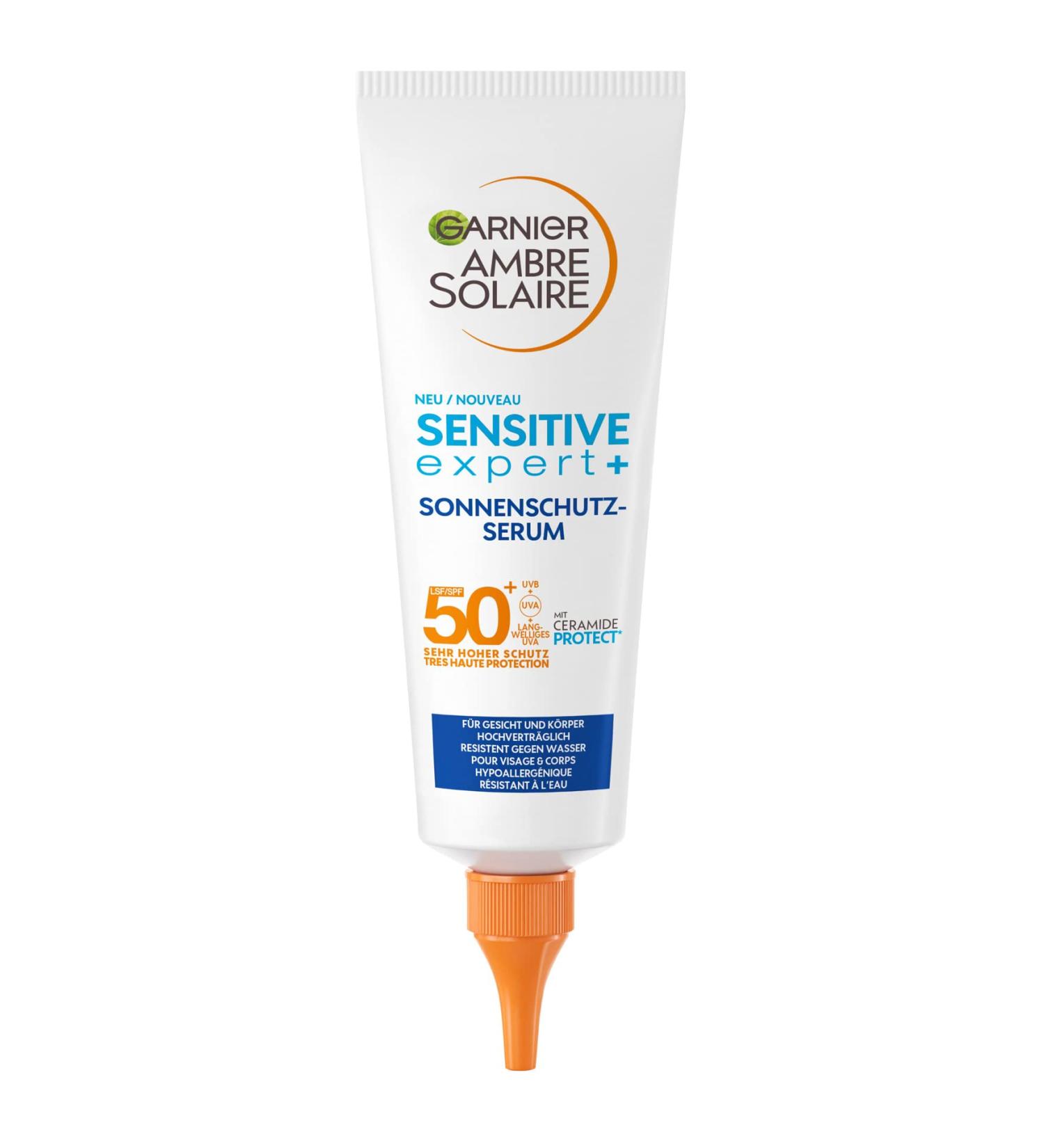 Garnier Sun Protection Serum SPF 50+ for Sensitive Skin | Waterproof Sunscreen for Face & Body | Non-Greasy Formula with Ceramides | Ambre Solaire Sensitive Experts 125ml - Buy Online on GoSupps.com