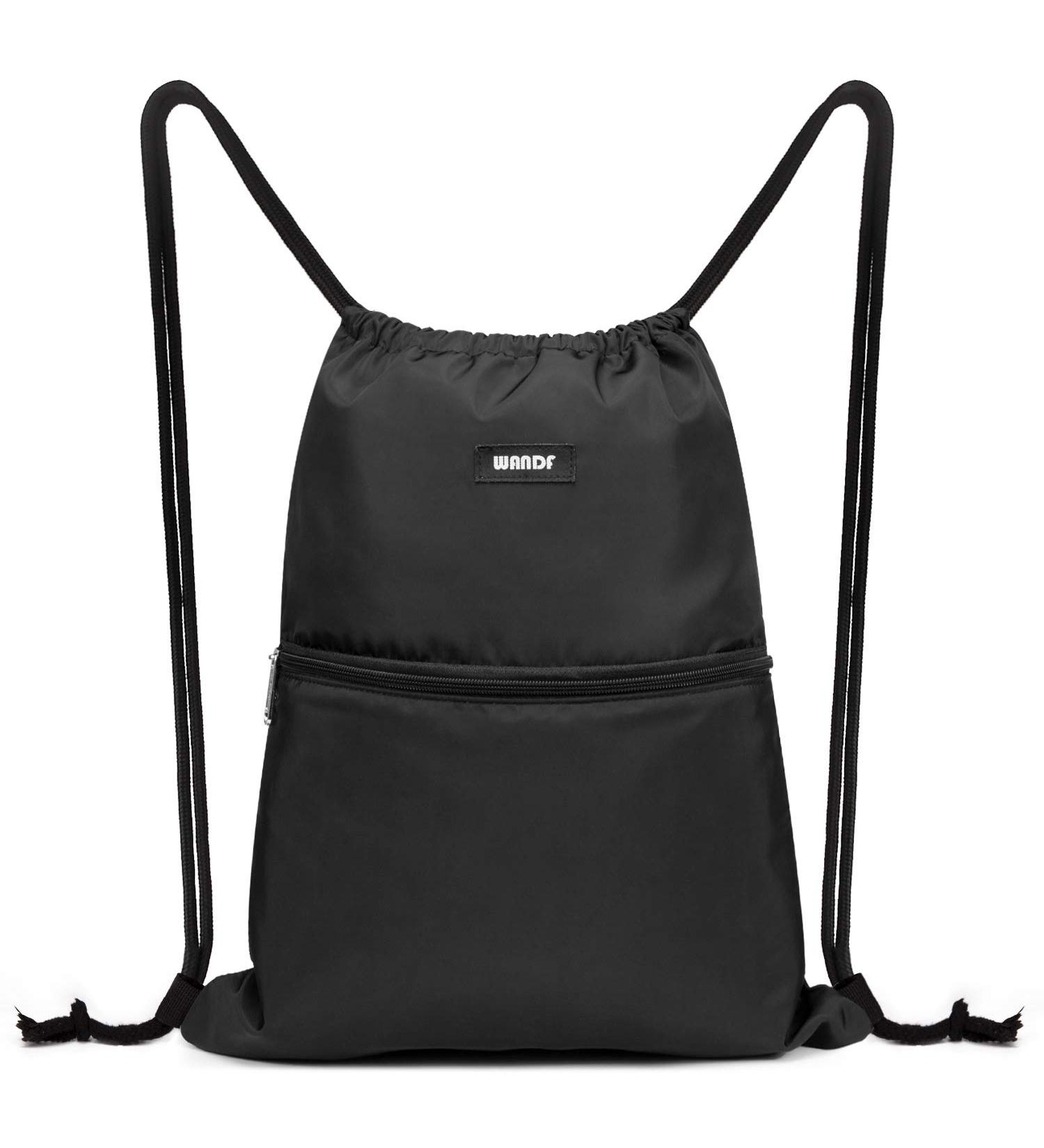 WANDF Drawstring Backpack Black - Water Resistant Nylon Sackpack for Gym, Sport, Shopping & Yoga - One Size - Buy Online on GoSupps.com