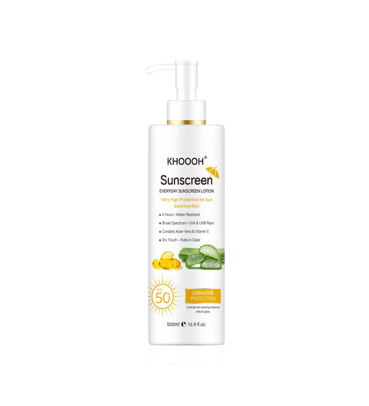KHOOOH Sunscreen Lotion SPF 50 UVA/UVB Protection 500ml Broad Spectrum Sunblock with Aloe Vera & Vitamin E Water Resistant for Sensitive Skin Dry Touch Everyday Sunscreen - Buy Online on GoSupps.com