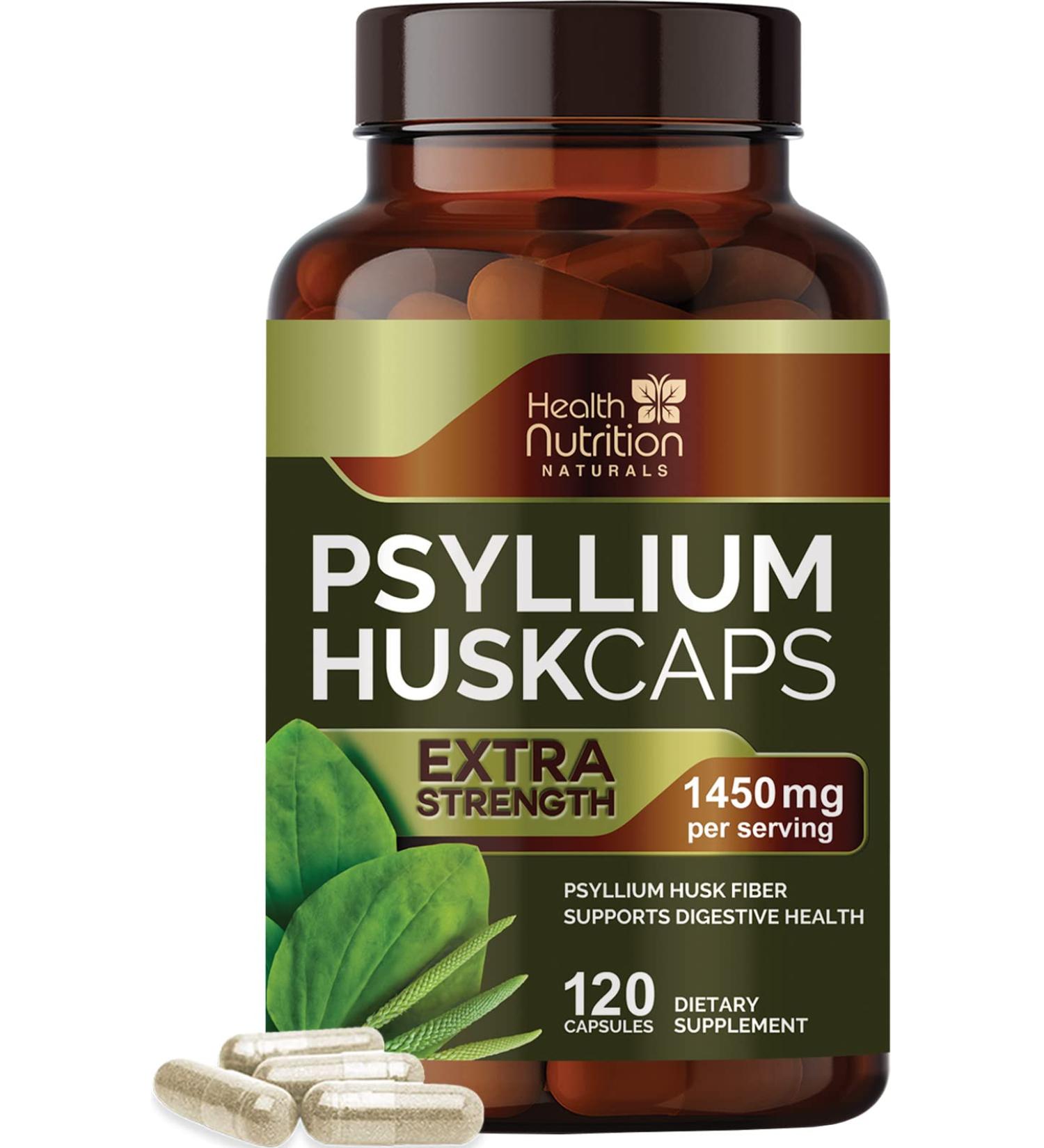 Psyllium Husk Capsules 1450mg - Non-GMO Soluble Fiber Supplement for Digestive Health - 120 Capsules - Buy Online on GoSupps.com