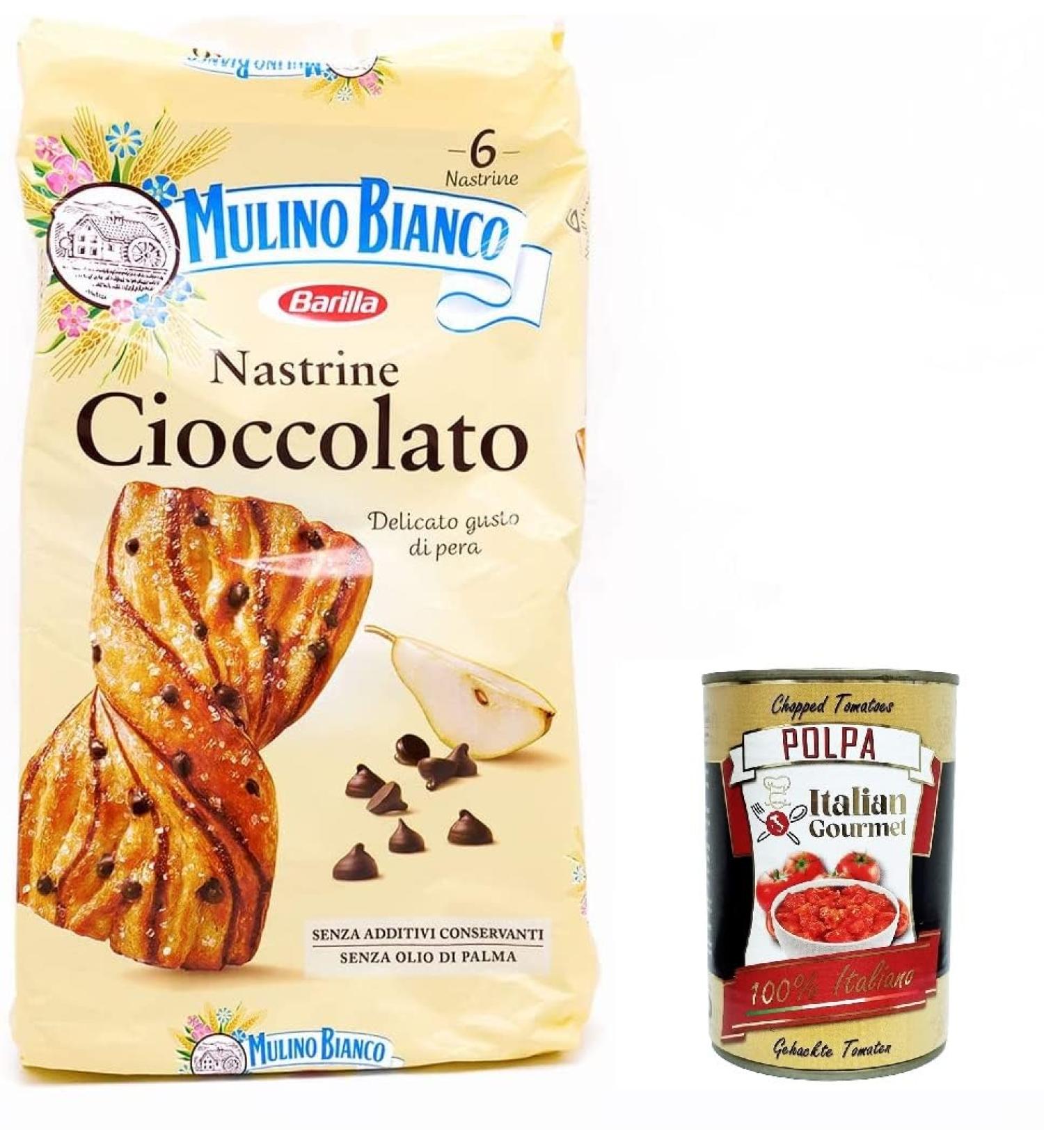  Italian Gourmet E.R. Mulino Bianco Nastrine con gocce di cioccolato chocolate ribbons with delicate pear flavor 6 snacks + Italian gourmet pulp 400 g - Buy Online on GoSupps.com