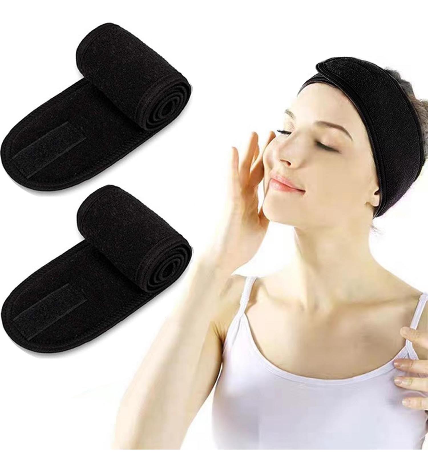 Shop 2-Piece Adjustable Terry Hair Bands for Women - Black Spa & Makeup Headbands with Velcro Fastener - Perfect for Yoga Sports & Beauty - Buy Online on GoSupps.com