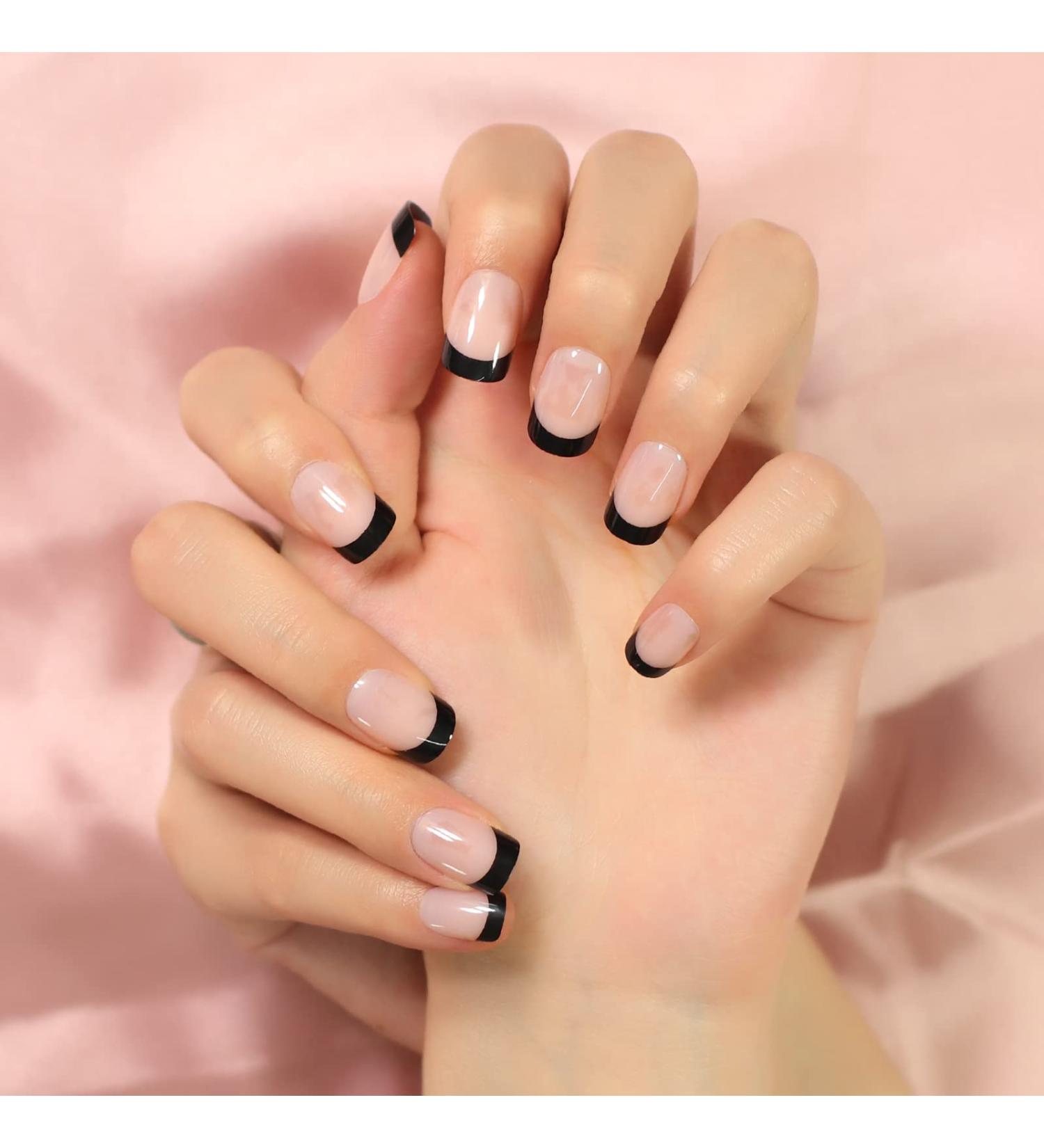 Black Lace French Tip Artificial Nails - 24 Medium-Short Reusable Gel Acrylic Manicure for DIY Style - Buy Online on GoSupps.com