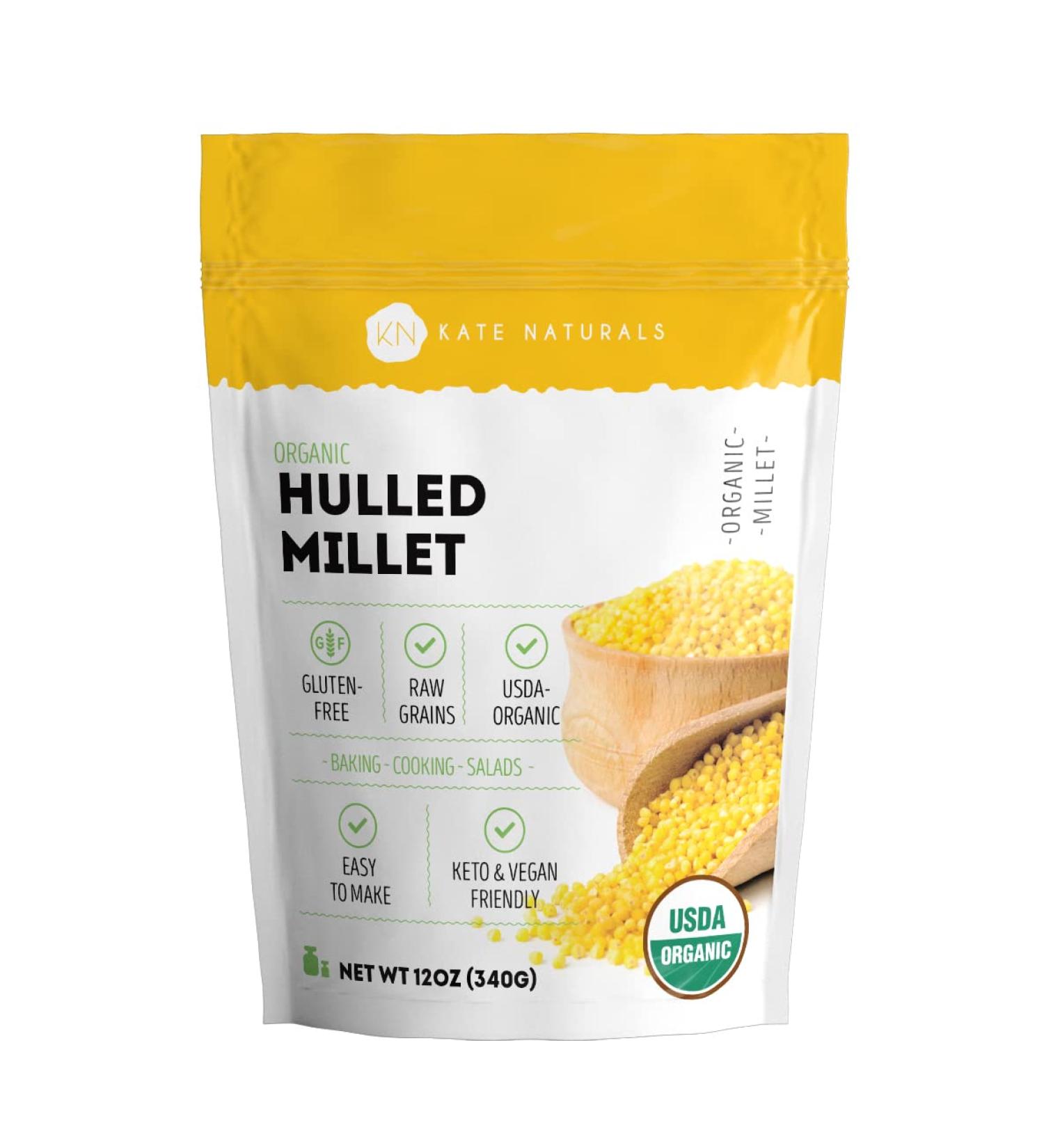 Kate Naturals Organic Hulled Millet (12oz) - Gluten-Free High Fiber & Protein Grain, Nutrient-Rich & Deliciously Healthy, Ideal for Flour - Buy Online on GoSupps.com