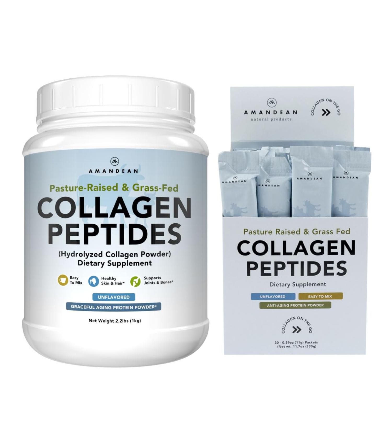 AMANDEAN Collagen Peptides Bundle. 1kg & Stick Packs. Grass-Fed Enzymatically Hydrolyzed Type 1 & 3. Protein with 18 Amino Acids for Healthy Skin Hair Nails. Easy to Mix Unflavored Non-GMO - Buy Online on GoSupps.com