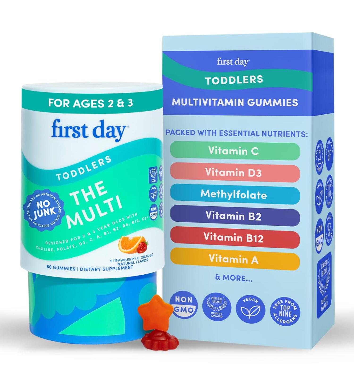 FIRST DAY Toddler Multivitamin Gummies (Ages 2-3)| Kids Multivitamin Gummies with Vitamins A C D3 B2 B12 Choline Folate and 21 Organic Superfoods| (30 Day Supply) - Buy Online on GoSupps.com