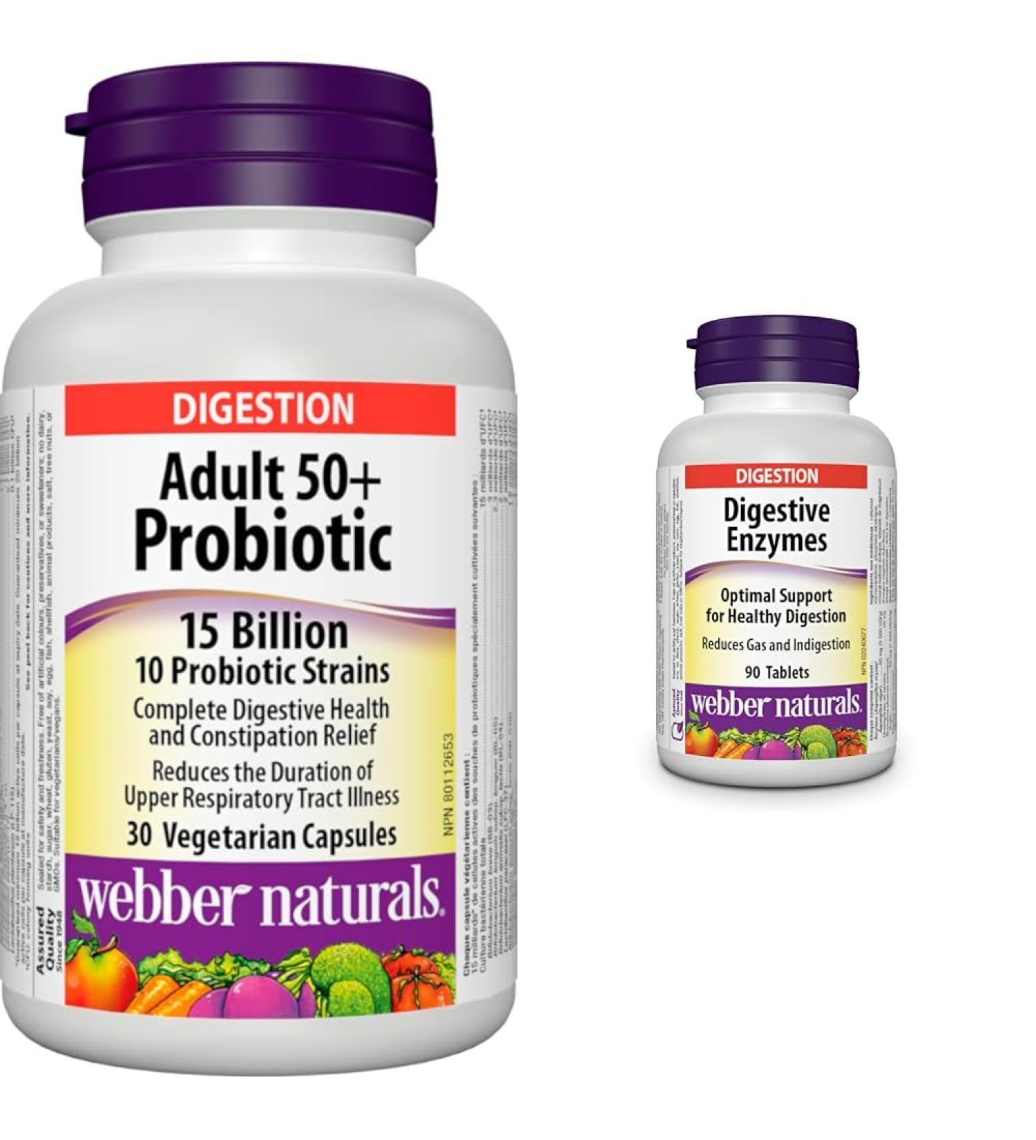 Webber Naturals Probiotic Adult 50+ 15 Billion Active Cells 10 Probiotic Strains 30 Capsules For Digestive Health and Constipation Relief Vegan & Digestive Enzymes 90 Tablets SUPPLEMENT + SUPPLEMENT 625273032017 - Buy Online on GoSupps.com