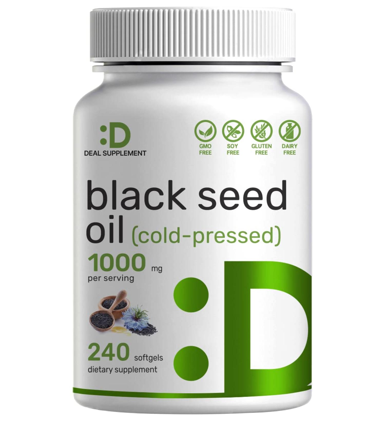 Black Seed Oil 1000mg - 240 Softgels | Cold-Pressed Nigella Sativa | 4 Months Supply | Natural Thymoquinone | Non-GMO | Gluten-Free - Buy Online on GoSupps.com