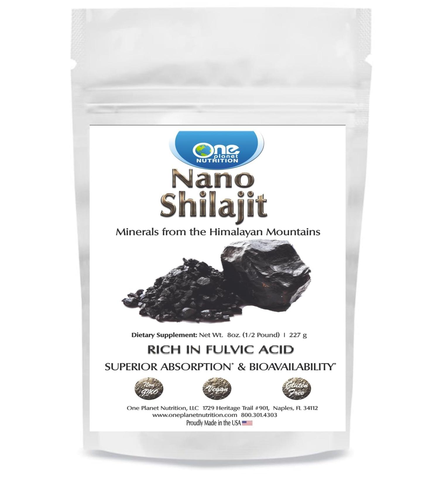 One Planet Nutrition Nano Shilajit Powder 8 oz (227 Servings) - Nano-Particle Size 40-50% Fulvic Acid - Men's Health Supplement - Non-GMO Vegan Gluten Free