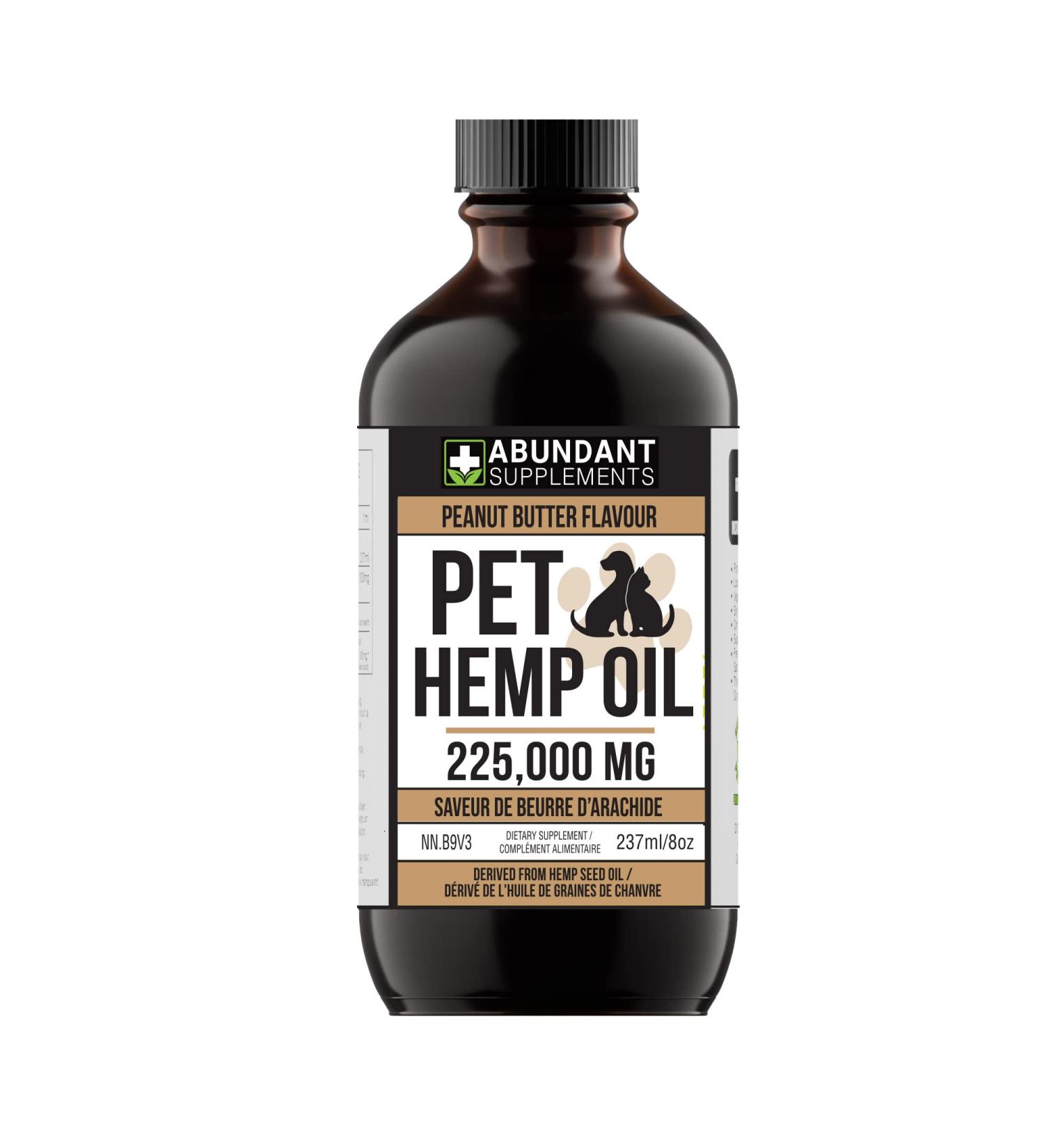 Pet Hemp Oil 225 000 Mg (8 oz) Extra Strength Formula - Peanut Butter Flavoured - Derived Hemp Seed Oil - Hip Joint Support and Skin Coat Health Non-GMO Omega 3 6 9 Balance Oil Made in Canada - Buy Online on GoSupps.com