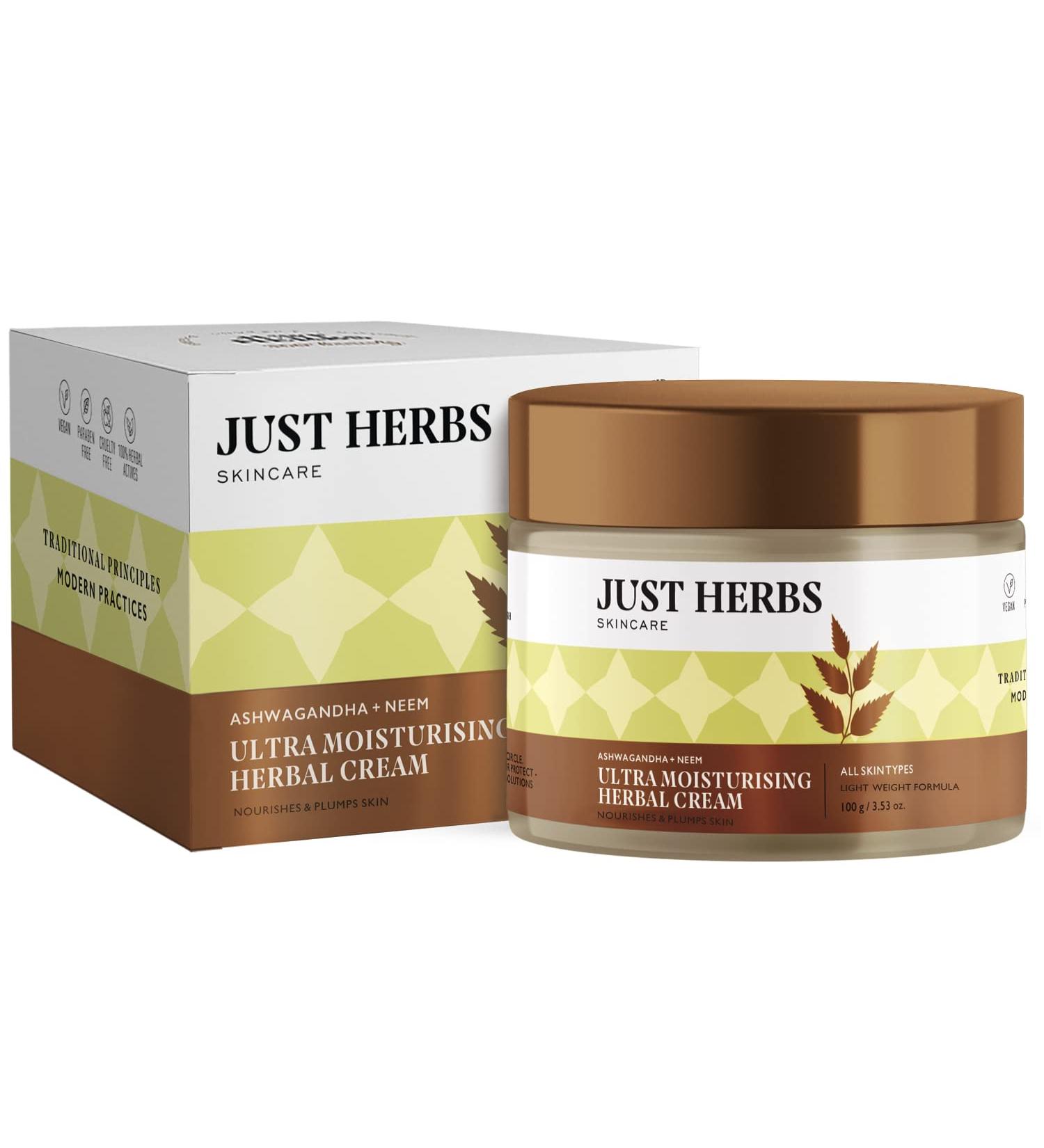 Just Herbs Organic Herbal Nourishing Facial Massage Cream With Ashwgandha & Sandalwaood for Men & Women - Suitable for Normal to Dry Skin 100g - Buy Online on GoSupps.com