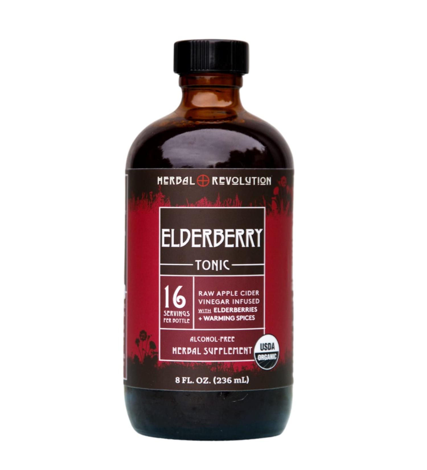 Herbal Revolution Elderberry Tonic - Certified Organic Non-GMO Apple Cider Vinegar Infused with Cinnamon Bark Raw Honey Ginger & More - Made Using Regenerative Farming Practices - 8 Oz - Buy Online on GoSupps.com