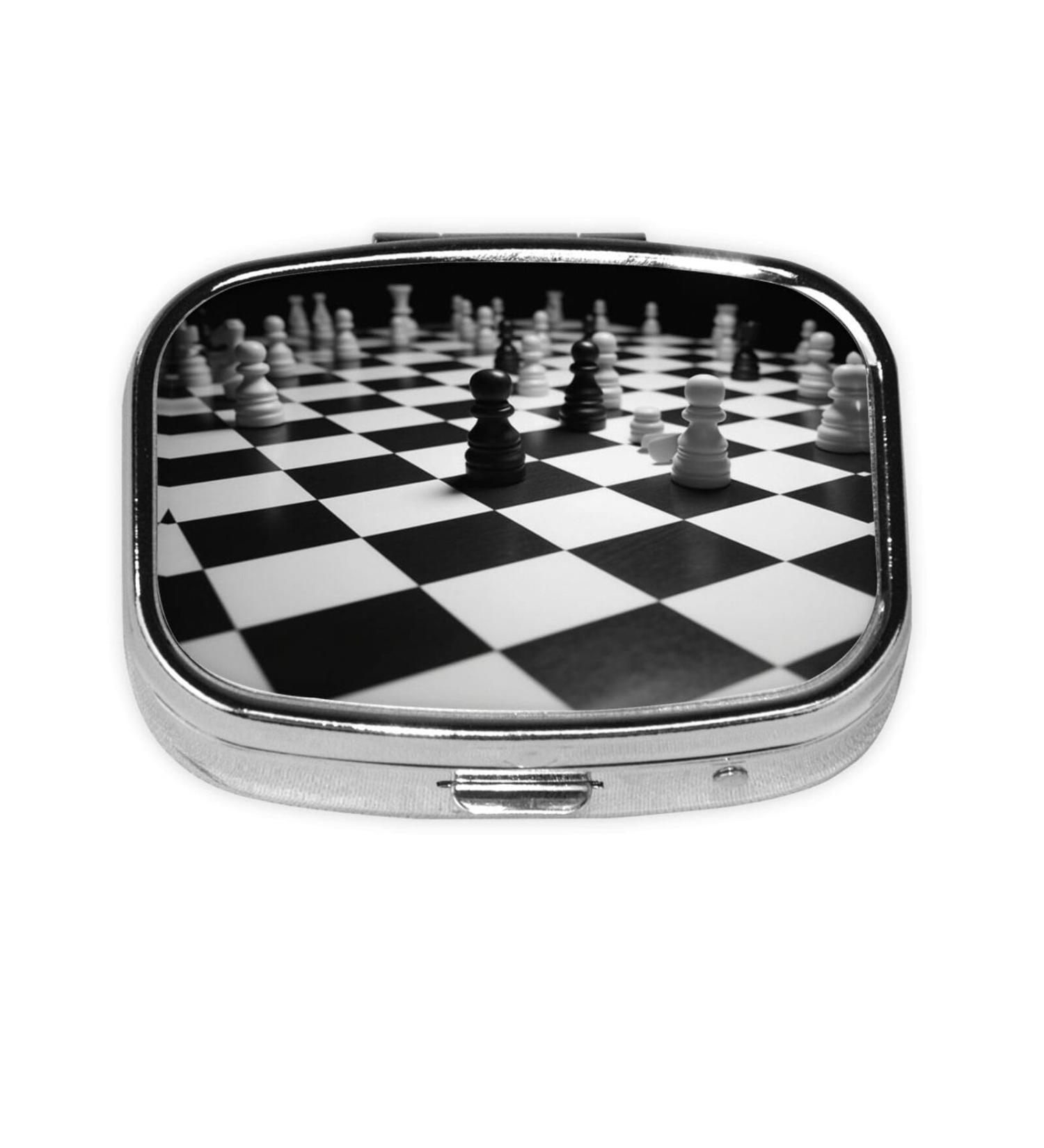 Black White Chess Checkerboard Pill Case | Cute Travel Pill Organizer | Small 2 Compartment Pill Box for Pocket & Purse - Buy Online on GoSupps.com