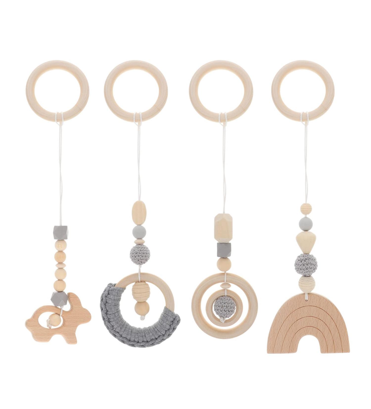 Woodsy Decor 4Pcs Hanging Baby Gym Wood Toys Set - Wooden Baby Play Gym Activity Pendant Rattles, Teething Soothers, Sensory Toys - Nursery Grey & Beige Theme - Buy Online on GoSupps.com