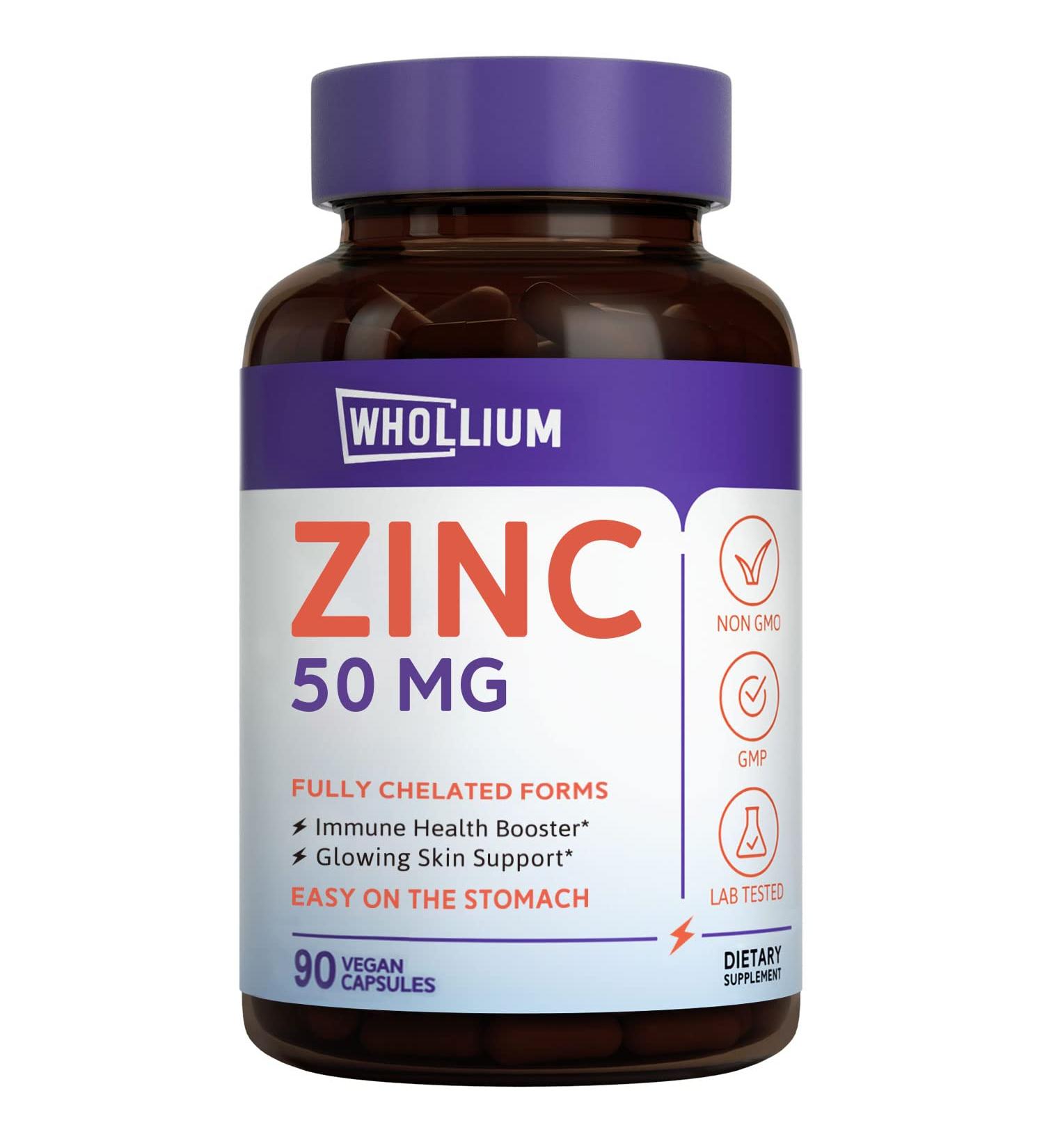 Whollium Zinc 50mg - Chelated for Skin Health & Immune Support - Vegan Formula - 90 Caps - Buy Online on GoSupps.com