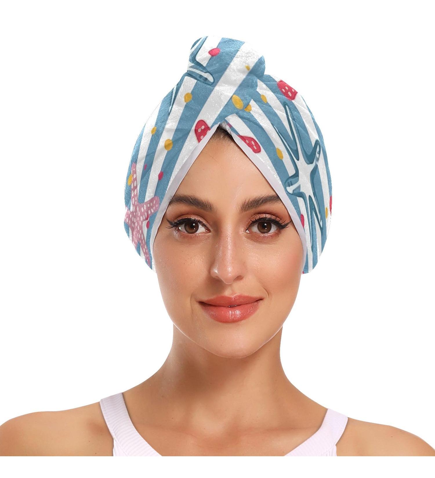 Starfish Blue Striped Hair Towel 2 Pack - Super Absorbent Quick Dry Hair Turbans for Women & Girls - Buy Online on GoSupps.com