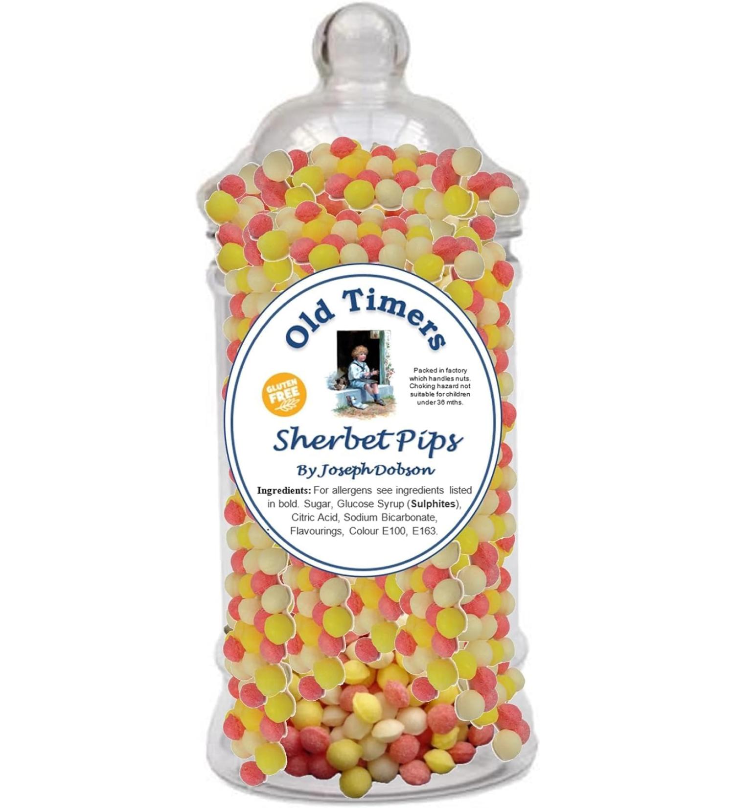 Fruit Flavoured Sherbet Pips by Joseph Dobson in Reusable Victorian Style Plastic Jar 970 millilitres 750 grams - Buy Online on GoSupps.com