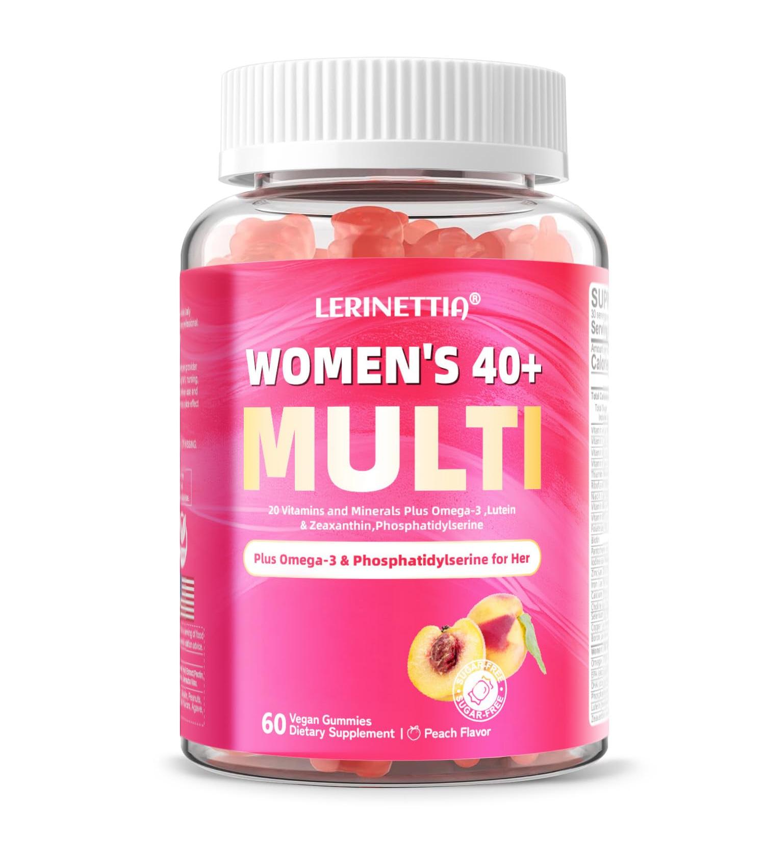 Lerinettia Multivitamin for Women Gummies for 40+ with Omega-3, Niacinamide, B-Complex, Lutein, Iron, Choline, Phosphatidylserine, Vitamin D3 - Vegan, Sugar Free, 60Count - Buy Online on GoSupps.com